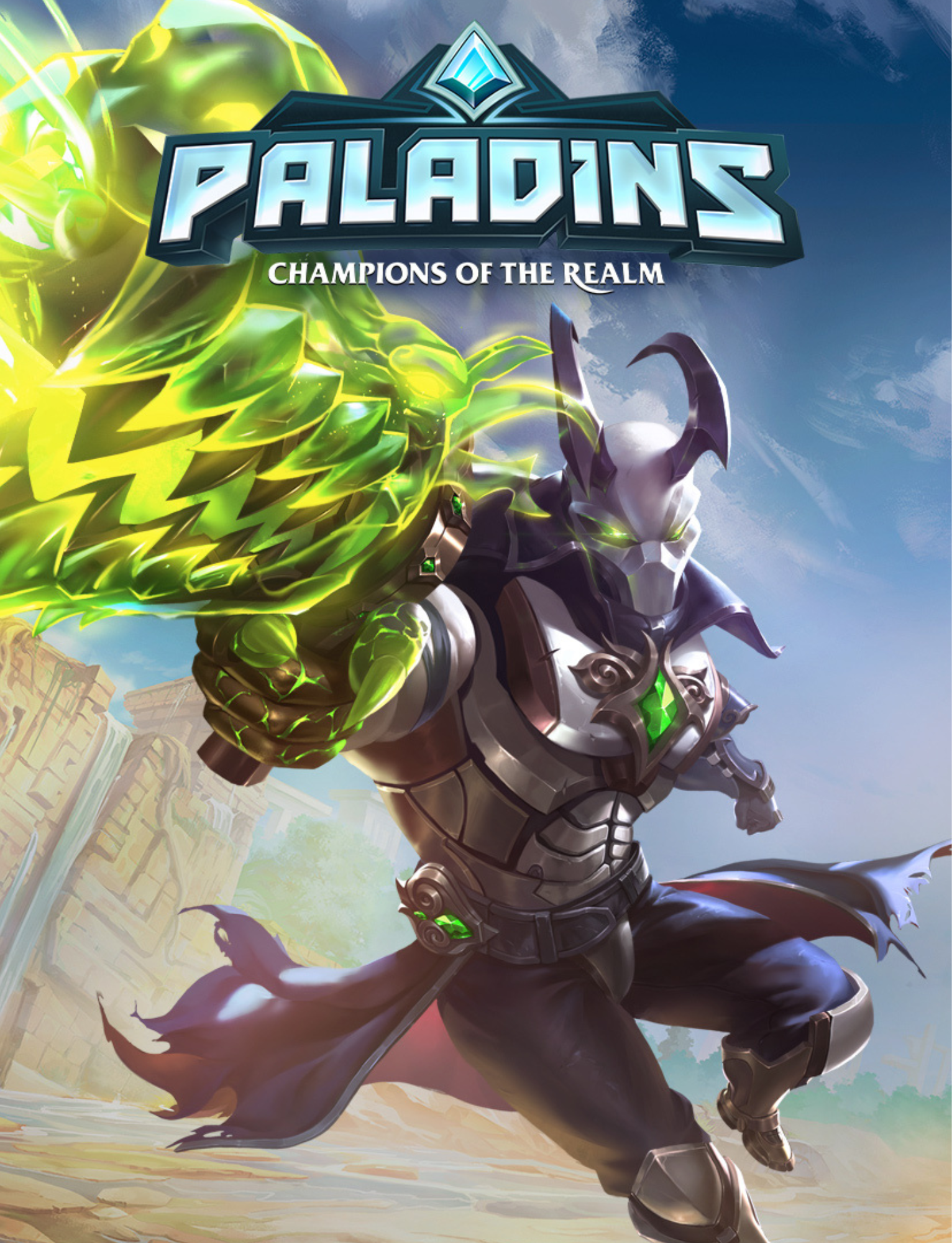Artwork for the game Paladins: Champions of the Realm, featuring a armored character with a horned helmet and glowing green eyes, wielding a large, glowing green melee weapon, with ruined buildings and waterfalls in the background.