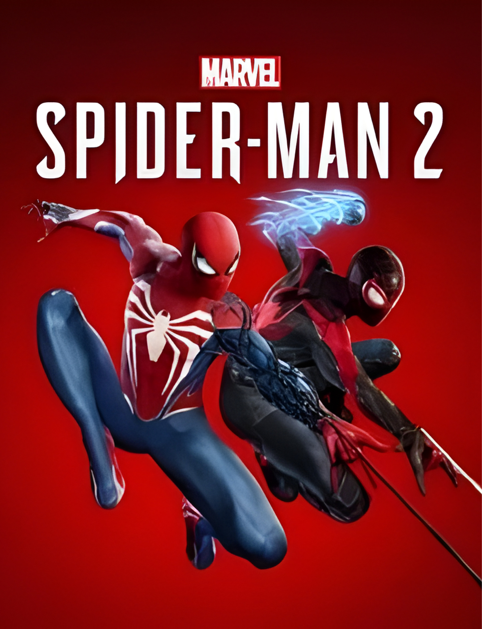 Cover art for Marvel's Spider-Man 2 video game, featuring two Spider-Man characters in combat poses against a red background.