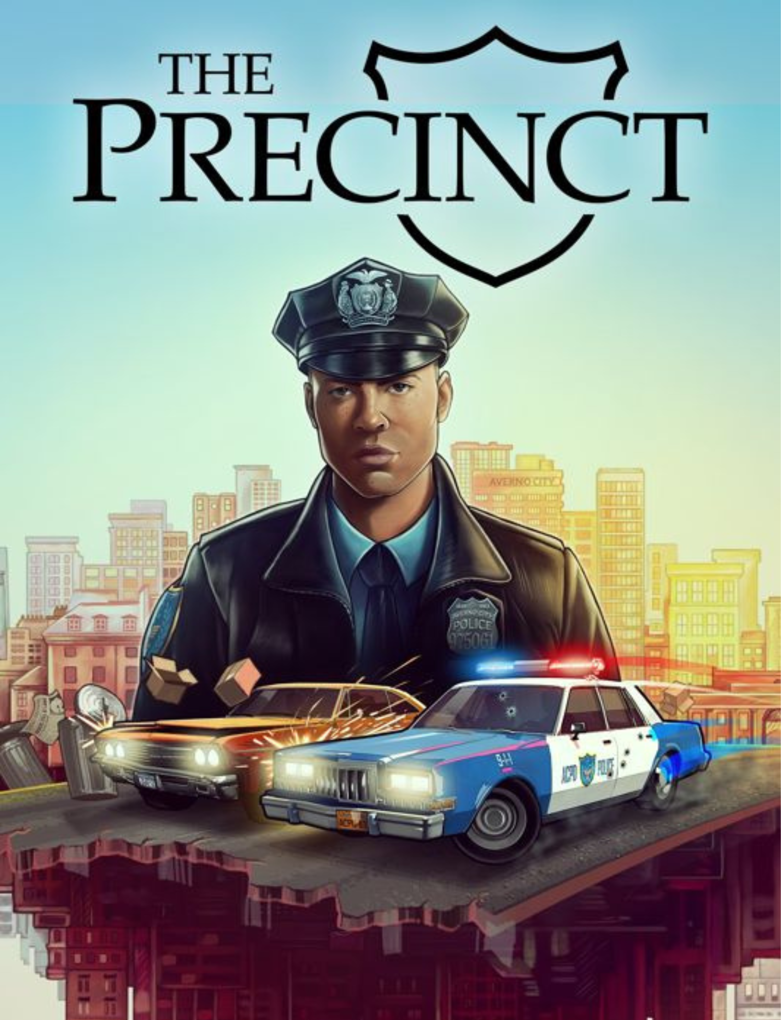 Cover art for the TV show 'The Precinct' featuring a police officer in uniform, police cars, and a city skyline in the background.