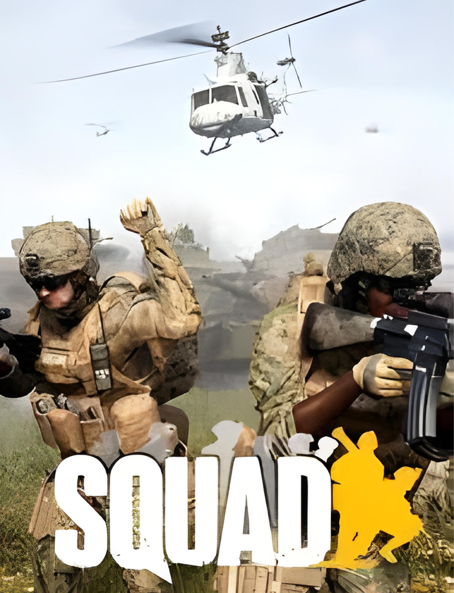 Military soldiers in combat gear with helmets, one aiming a rifle, and a helicopter flying overhead in a landscape with smoke and farm fields. The word 'SQUAD' is displayed at the bottom with a yellow war tank silhouette.