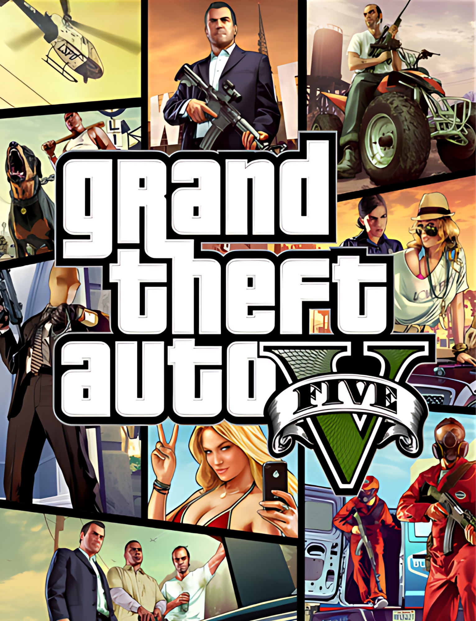 Collage of scenes from the video game Grand Theft Auto V, showing characters, vehicles, and action sequences.