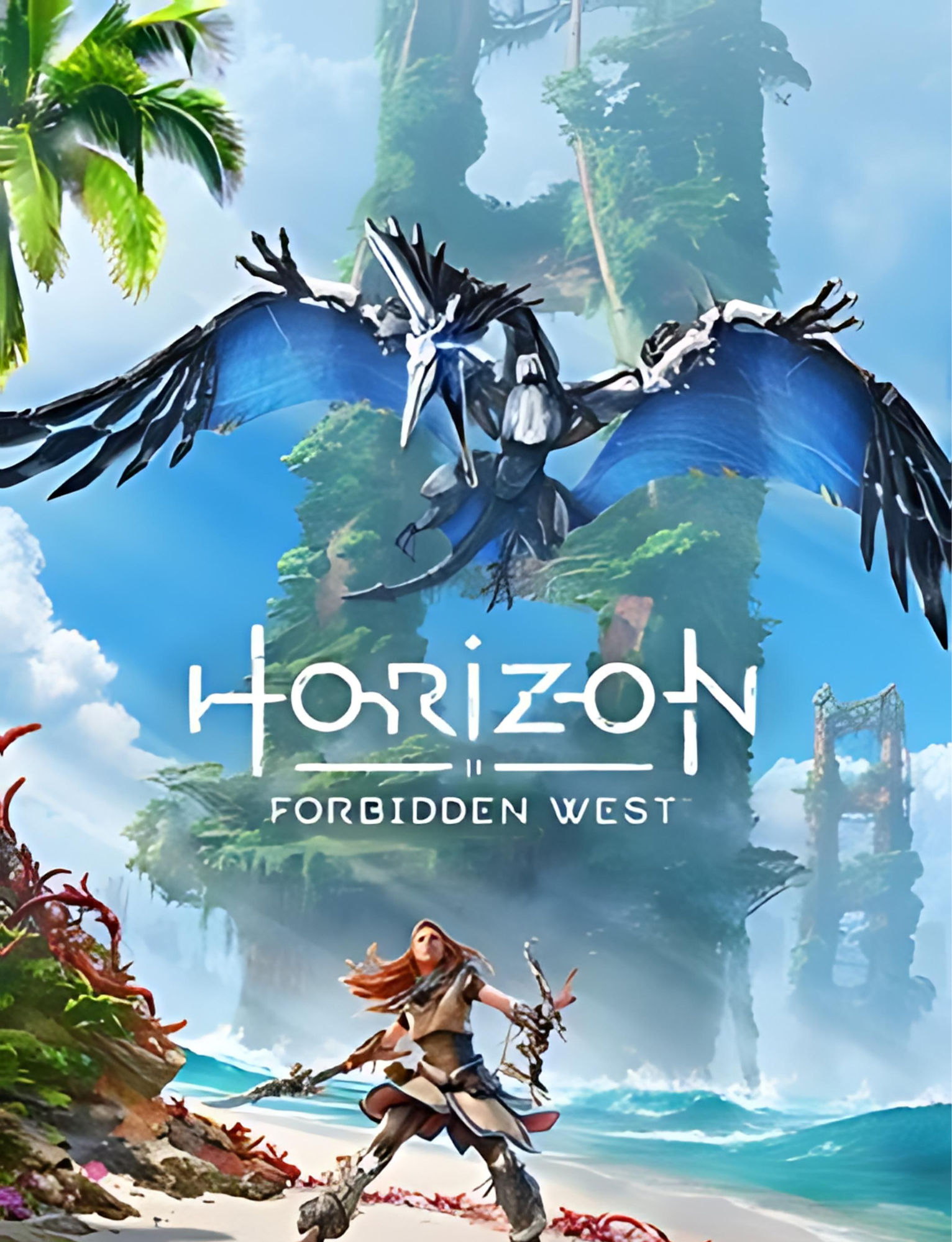 Cover art for the video game Horizon Forbidden West featuring a female character holding a bow and arrow on a beach, with a large mechanical bird flying above and a lush, floating island in the background.