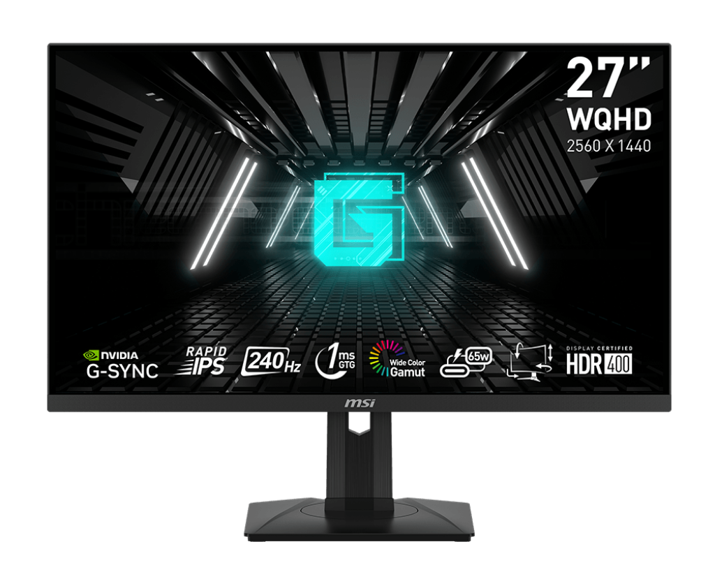 A computer monitor displaying specifications for a 27-inch MSI gaming monitor with a 2560x1440 resolution, G-SYNC, 240Hz refresh rate, 1ms response time, wide color Gamut, HDR 400, and various icons indicating features.