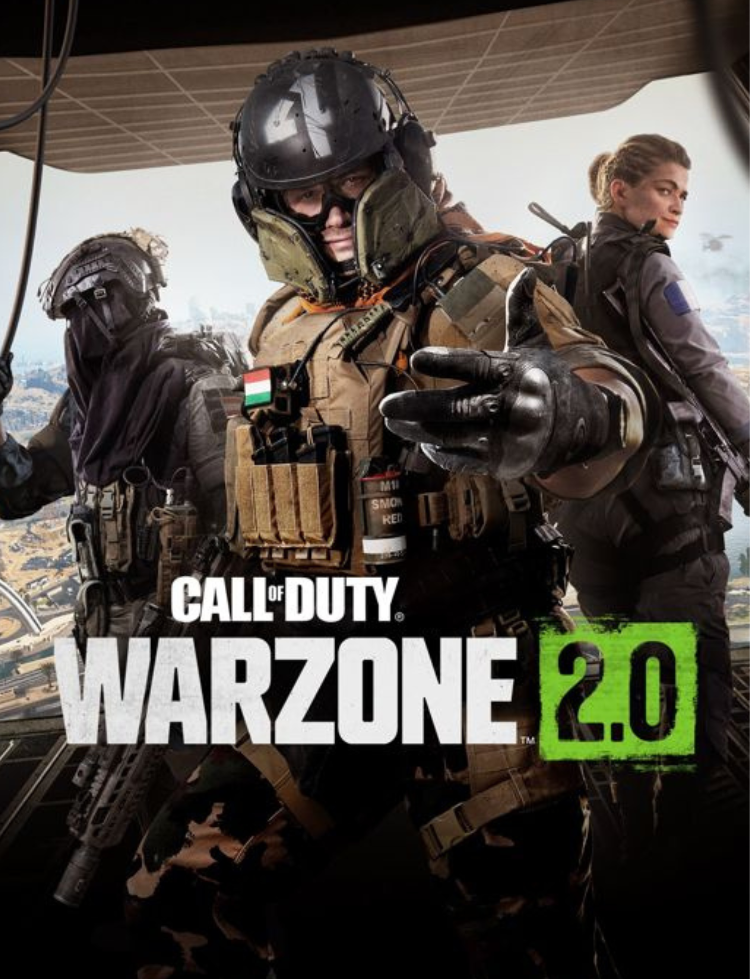 Video game cover art for 'Call of Duty Warzone 2.0' featuring soldiers in combat gear, one in the foreground pointing, with a cityscape background.