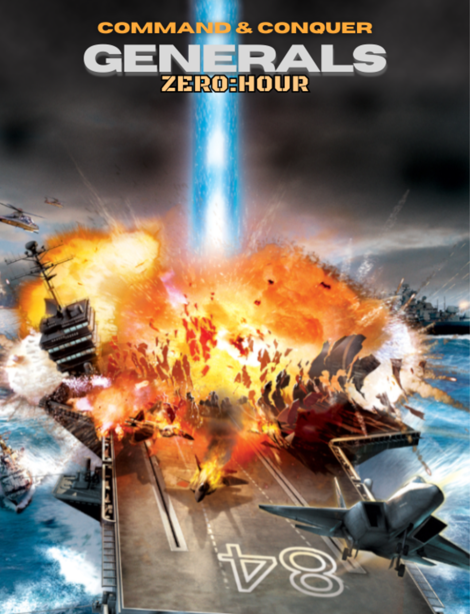 Explosive scene on an aircraft carrier with smoke, fire, helicopters, fighter jet, and a missile launch, illustrating a military combat scenario.
