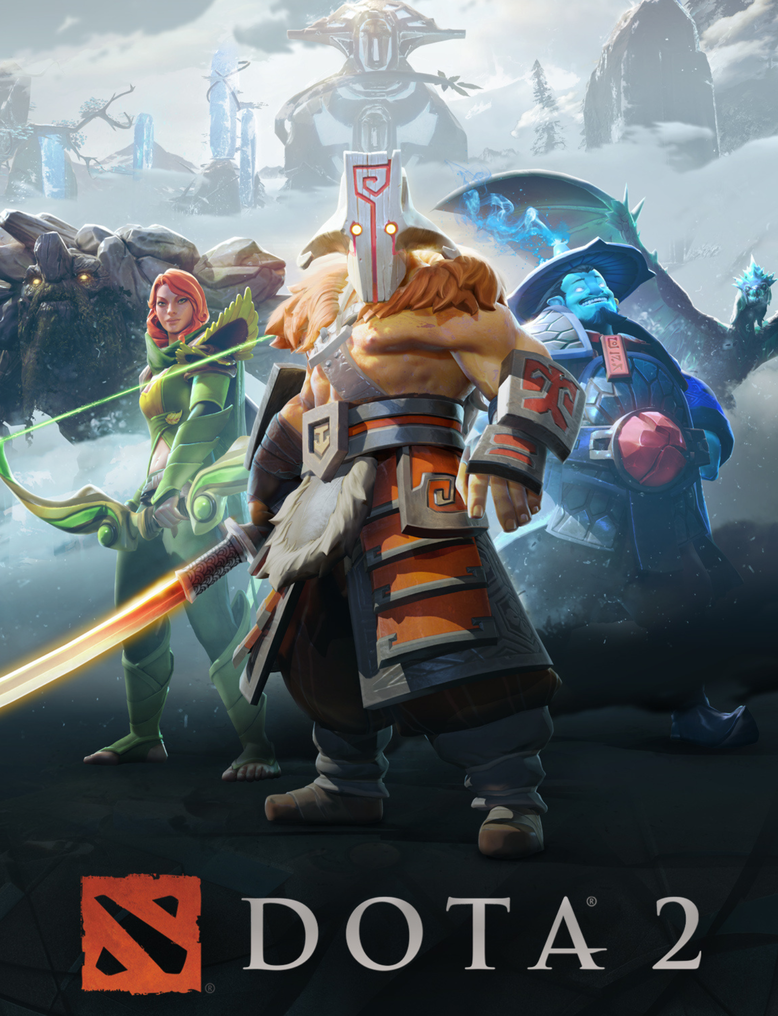 Cover art for Dota 2 featuring four characters in a snowy landscape with mountains and rocky formations in the background.
