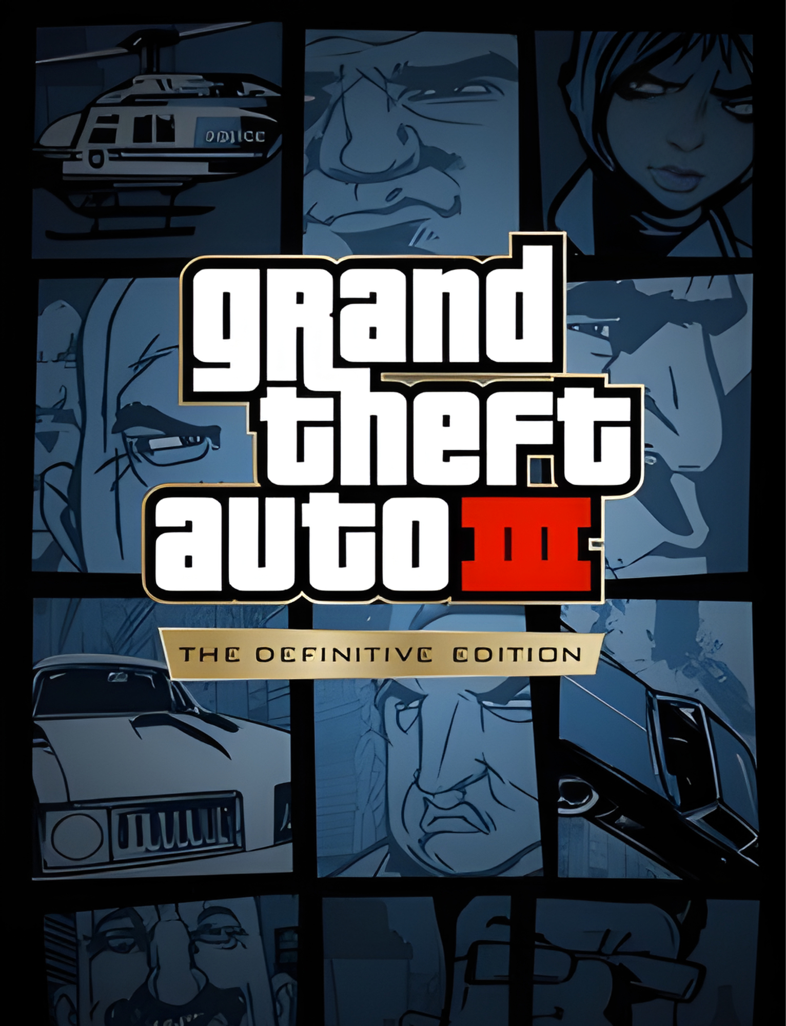 Cover art for Grand Theft Auto III: The Definitive Edition featuring comic-style illustrations of police helicopter, man crying, woman, old man, police car, and train with bold game title text.