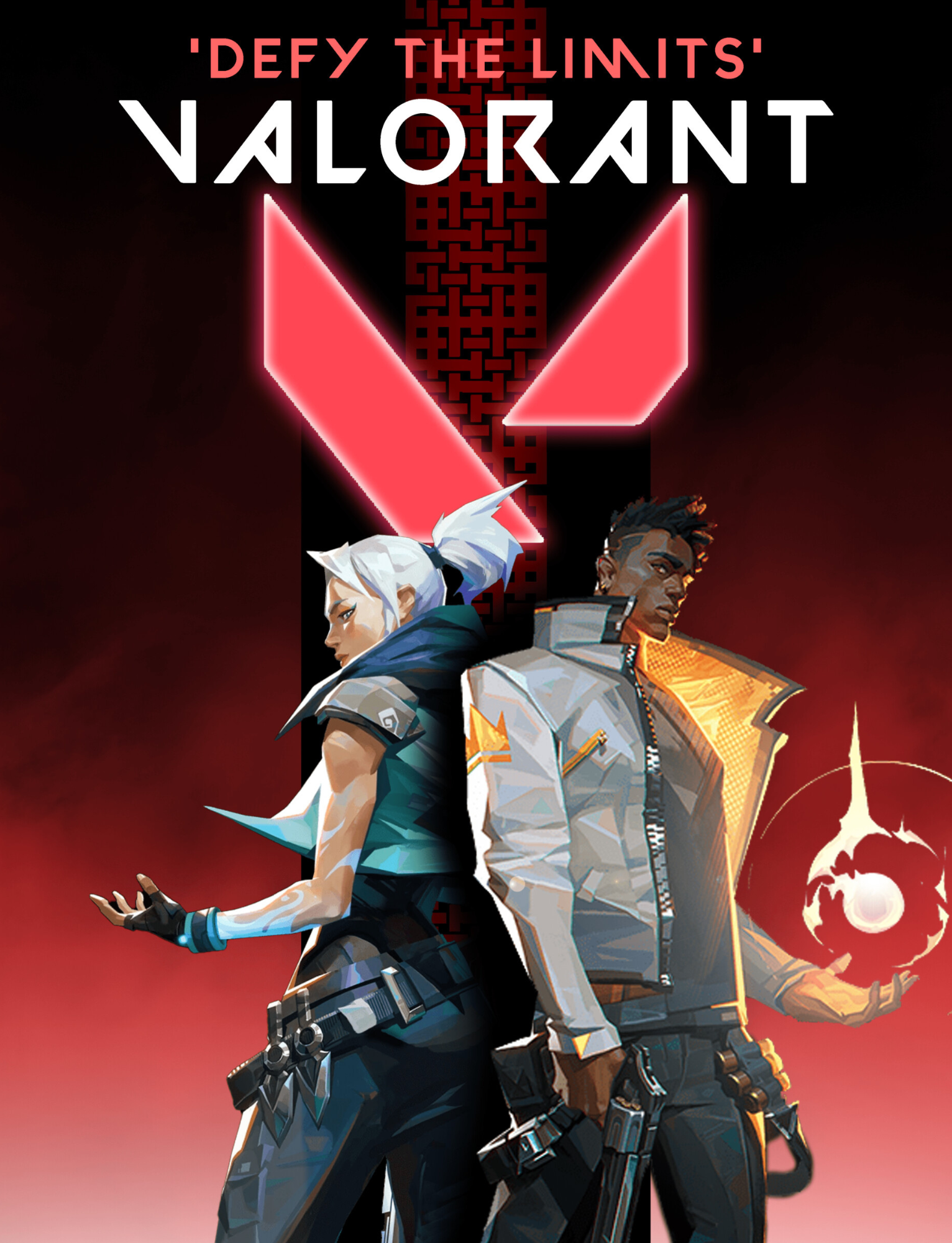 Promotional artwork for the video game 'Valorant' featuring two characters back-to-back, one female with white hair and a blue outfit, and one male with dark skin and a white jacket, with a red and black background and the game's logo.