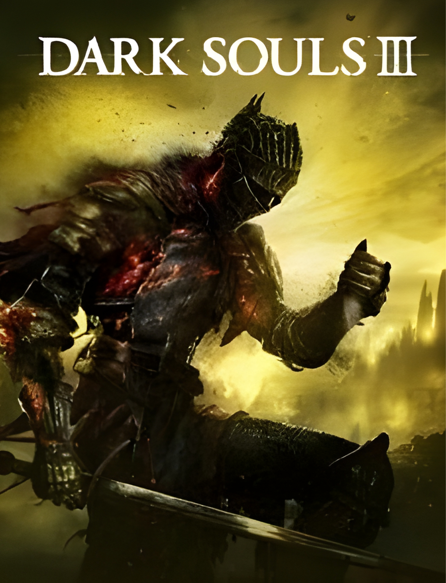 Video game cover art for Dark Souls III featuring a dark armored creature with a weapon against a yellowish background.