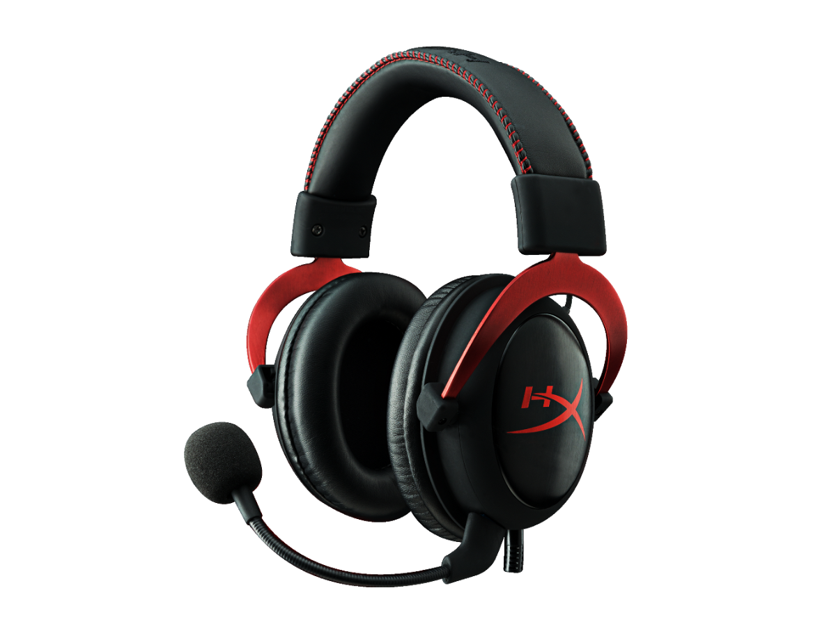 Black and red gaming headset with a microphone attached.
