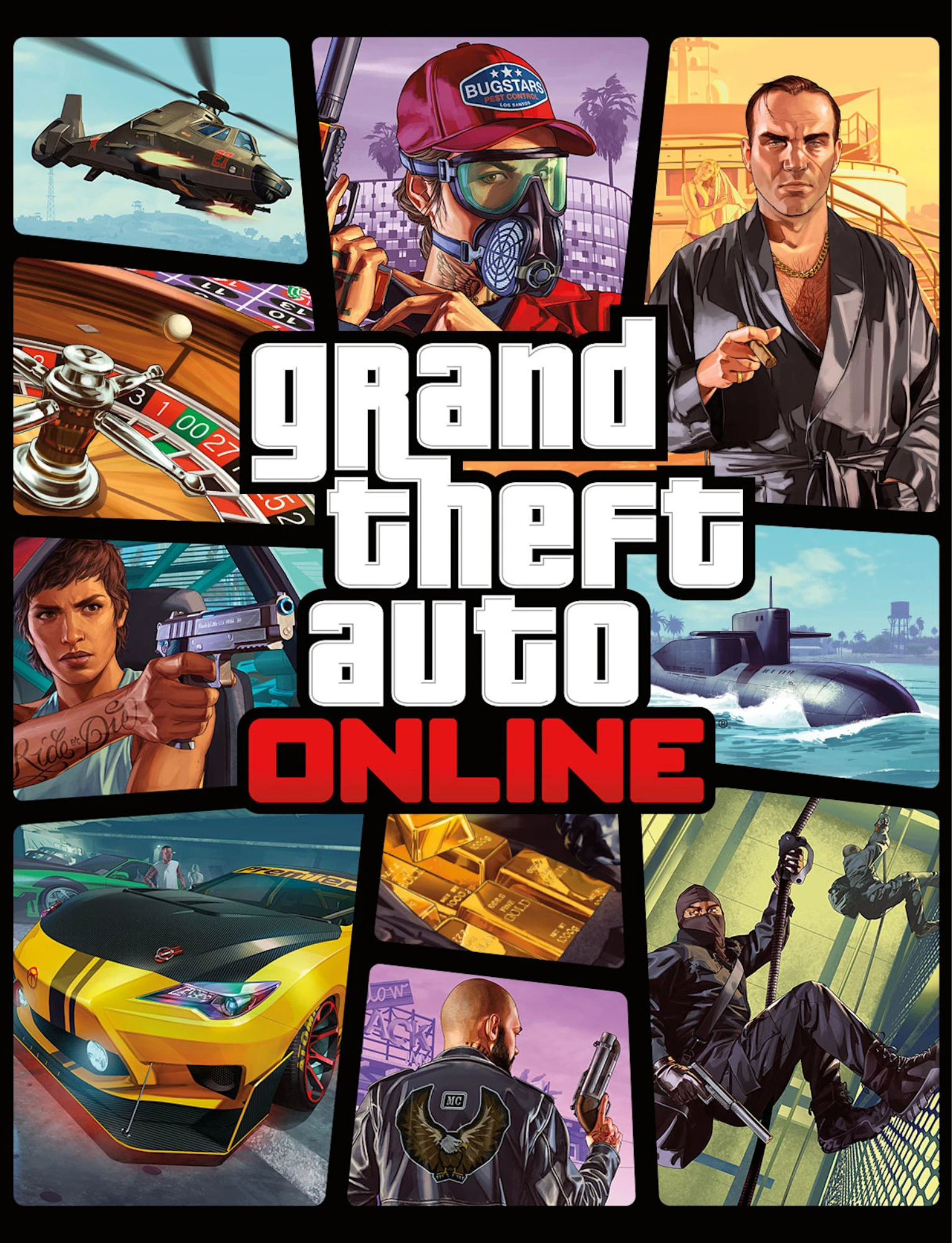 Collage of scenes from the video game Grand Theft Auto Online, including a helicopter, a woman with a gun, a submarine, a sports car, gold bars, a man with a gun, and masked characters with weapons.