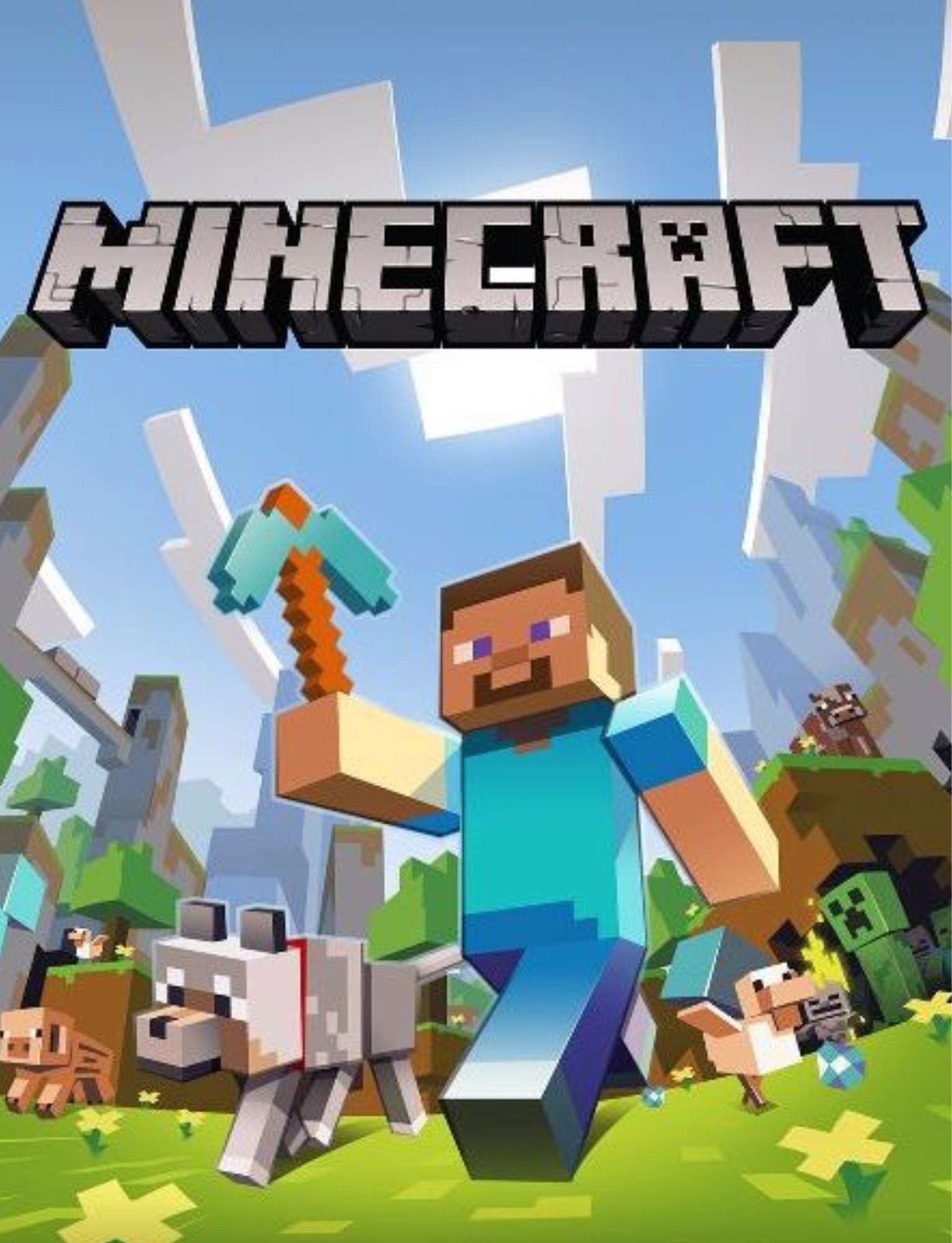 Cover art for Minecraft featuring a blocky character holding a diamond pickaxe, a dog, pigs, a sheep, and a Creeper in a pixelated landscape with blue sky and floating blocks.