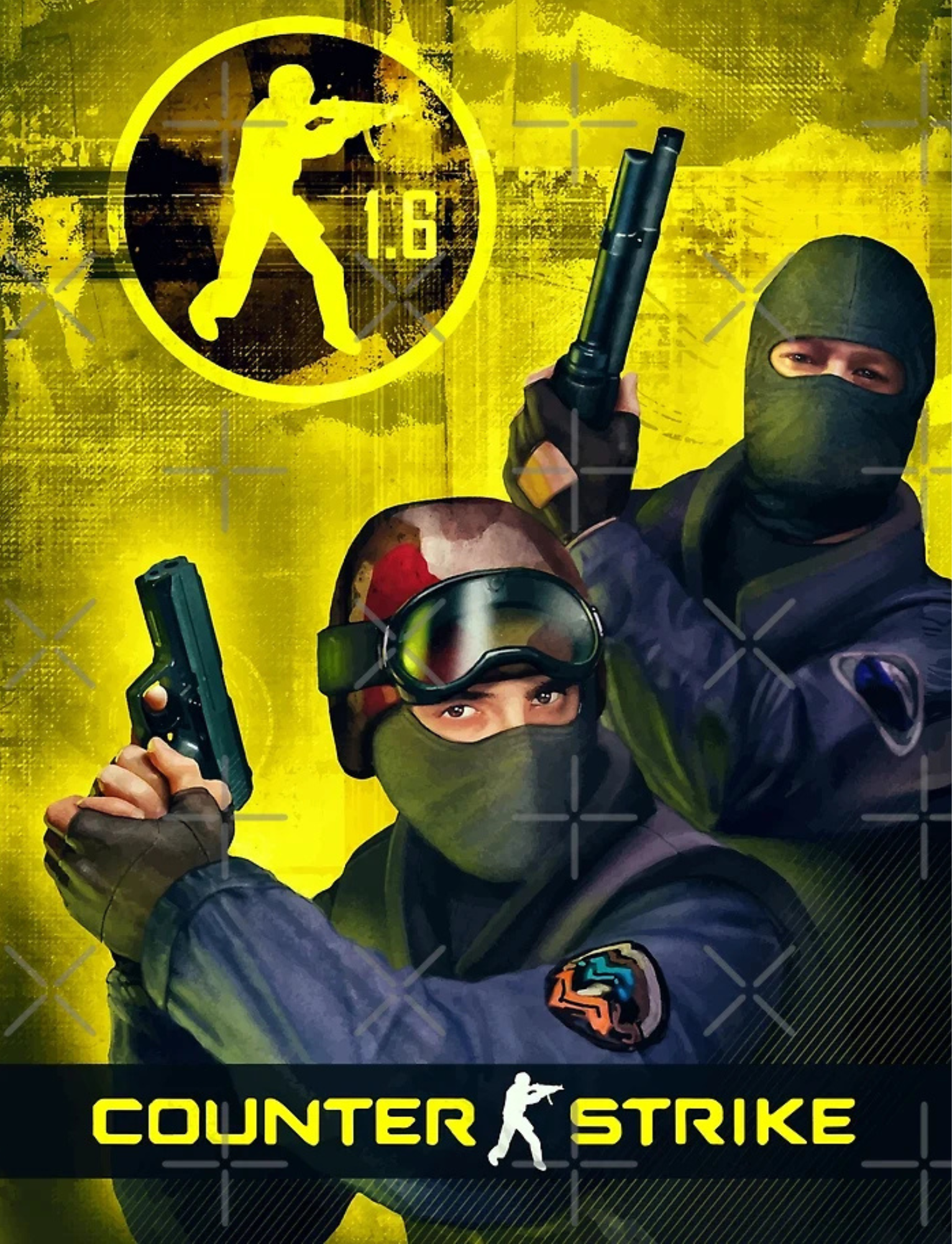 Artwork featuring two soldiers in tactical gear holding guns, with a yellow background showing a silhouette of a soldier in a circle and the number 16. The title 'Counter Strike' appears at the bottom.