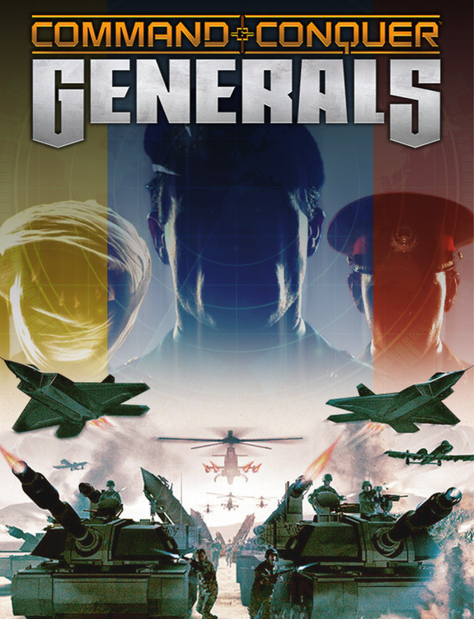 Cover art for the video game 'Command & Conquer: Generals' featuring military tanks and aircraft in combat, with a shadowy military figure in the background.