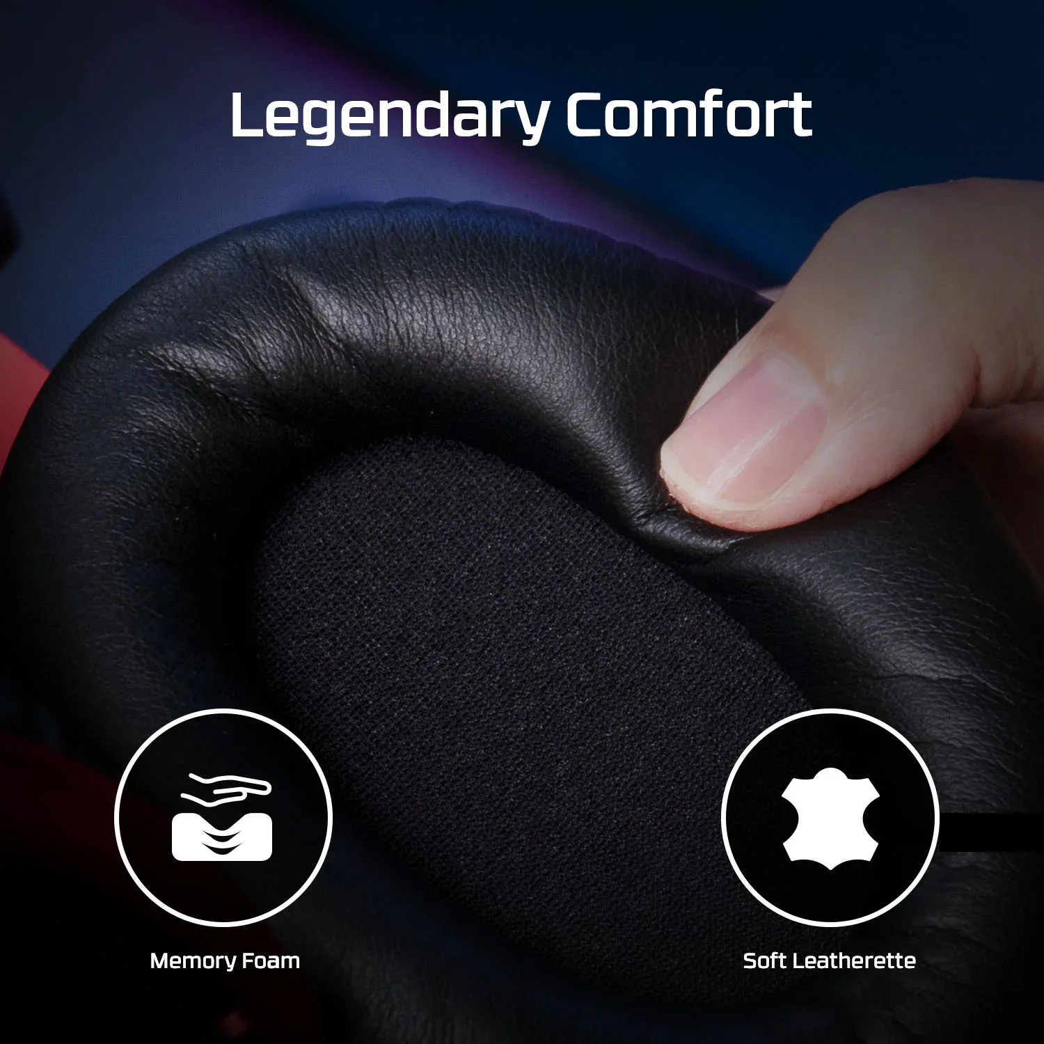 Close-up of a hand pressing into a headphone ear cushion, showing the memory foam inside and a leatherette exterior, with the text "Legendary Comfort" above and icons labeled "Memory Foam" and "Soft Leatherette".