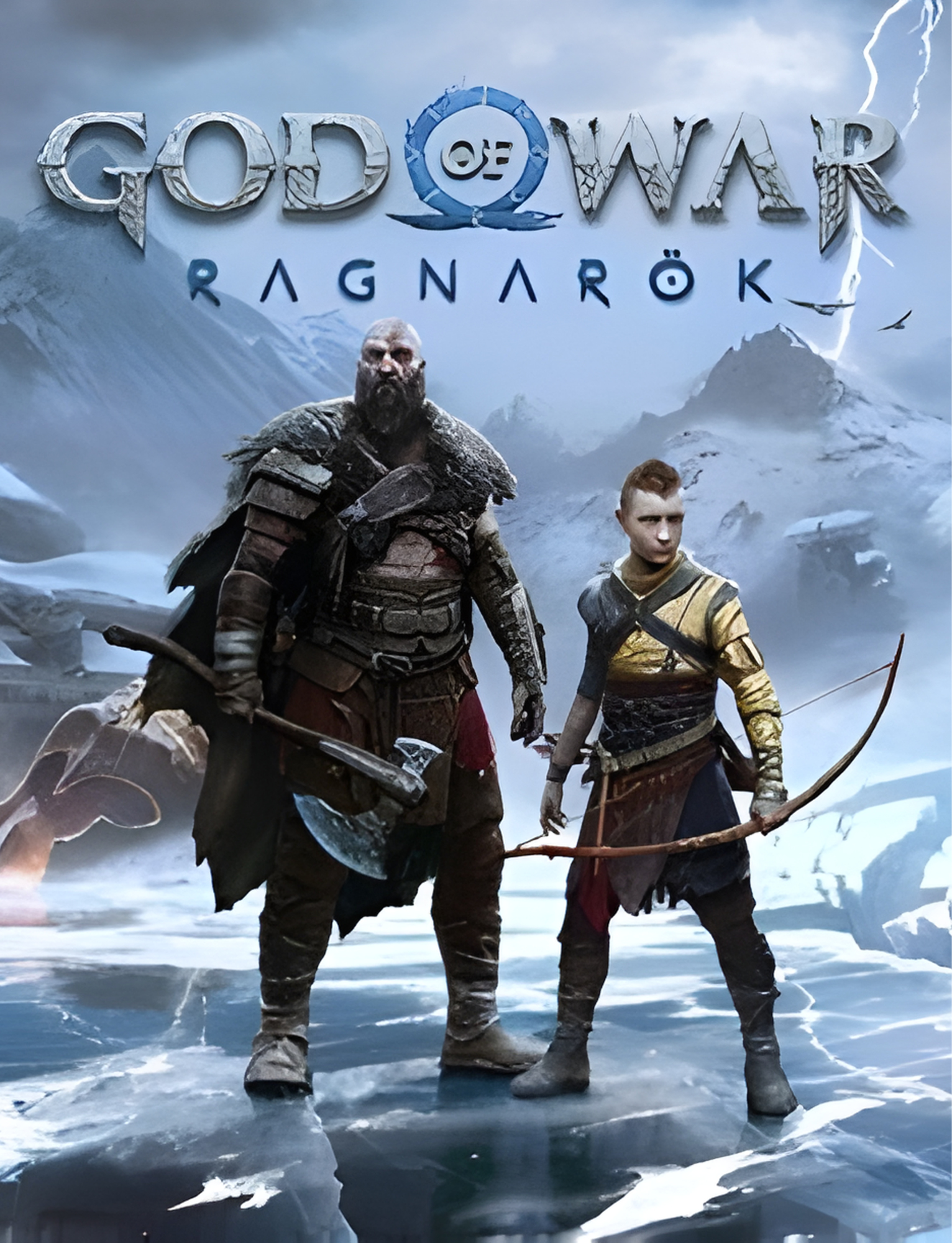 Image from a video game promotional poster showing two characters in Viking-style armor standing on an icy landscape with mountains in the background, lightning, and stormy skies. The title 'God of War Ragnarök' is displayed at the top.