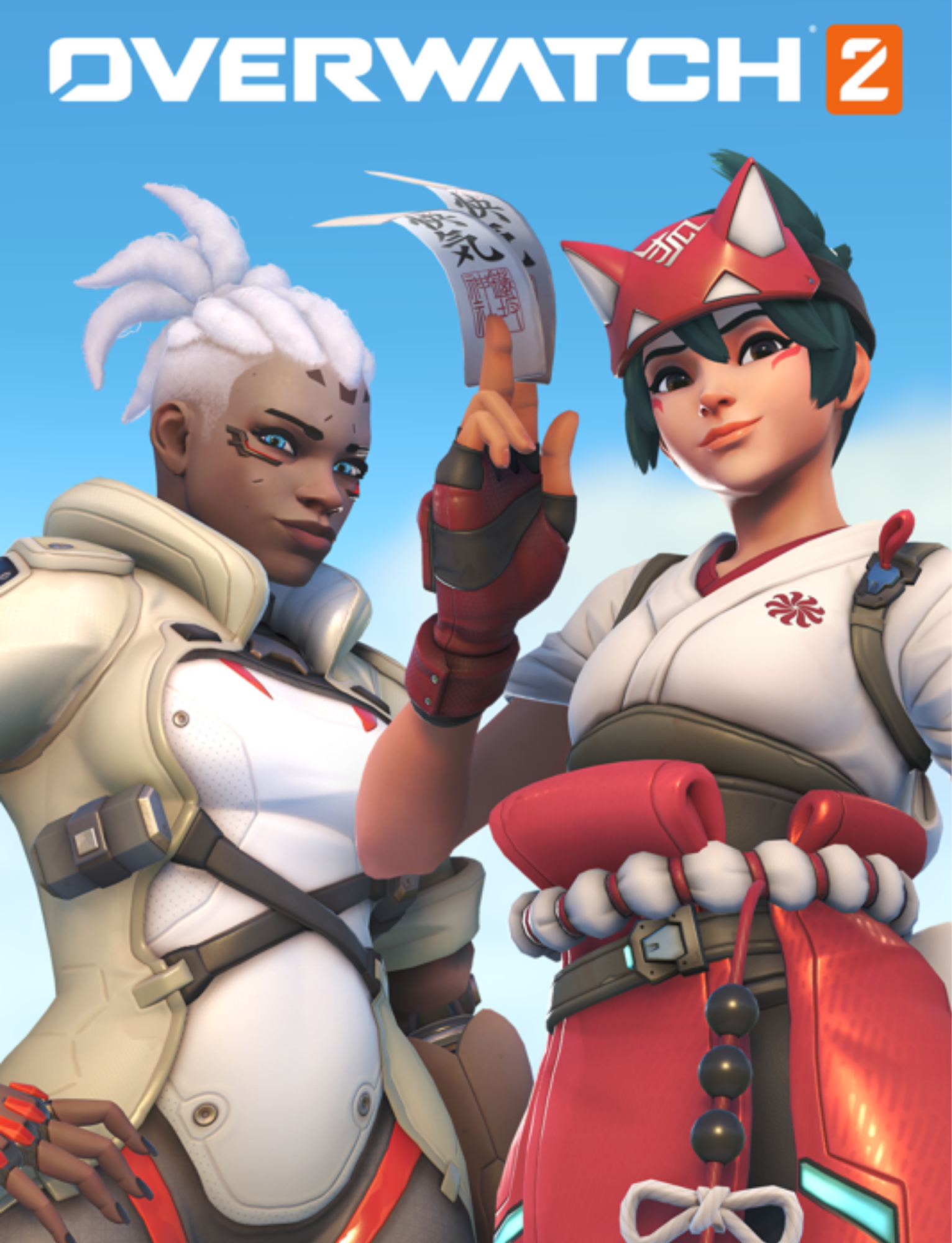 Two animated female characters from the video game Overwatch 2, one with white hair and futuristic armor, the other with green hair and a red fox-themed hat, standing under a blue sky.