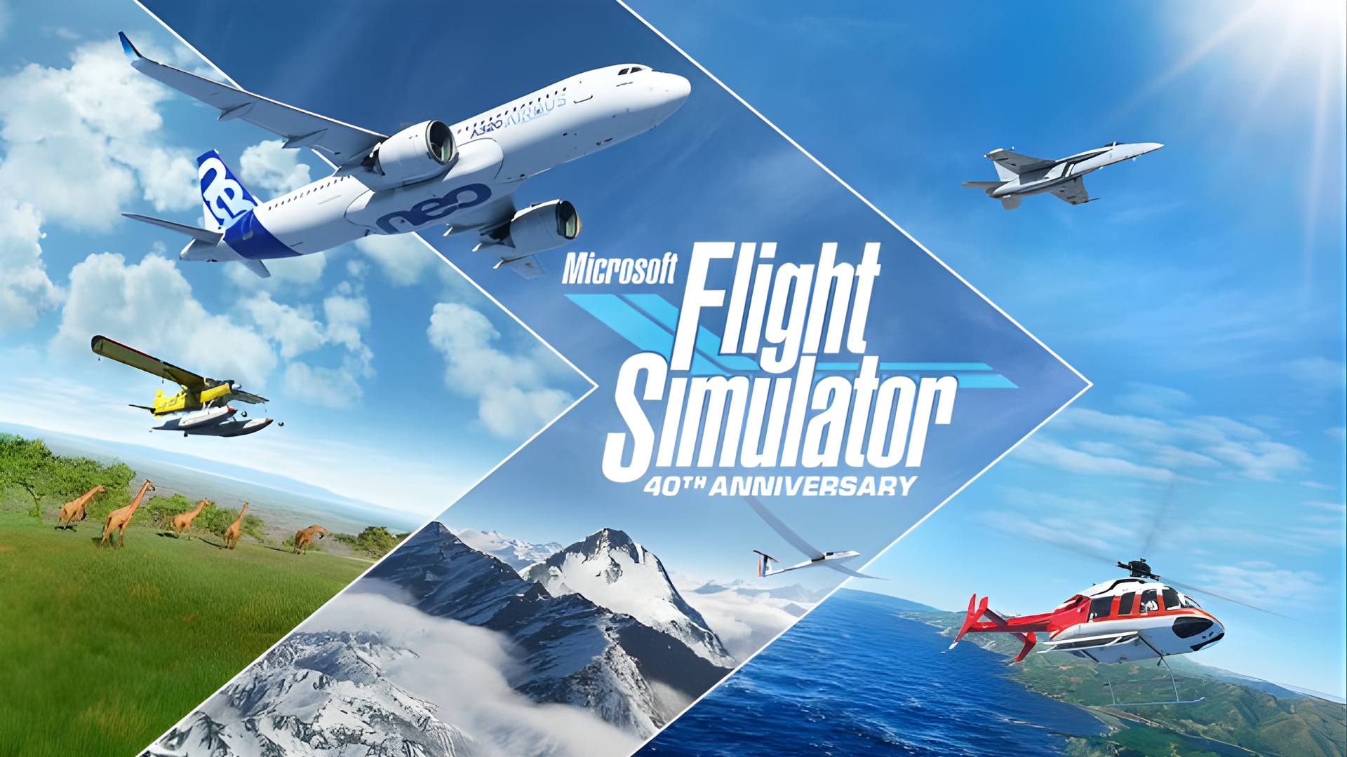 A collage of various aircraft including a passenger airplane, fighter jets, a drone, and a helicopter flying over different landscapes such as mountains, ocean, and grasslands. The overlay reads "Microsoft Flight Simulator 40th Anniversary."