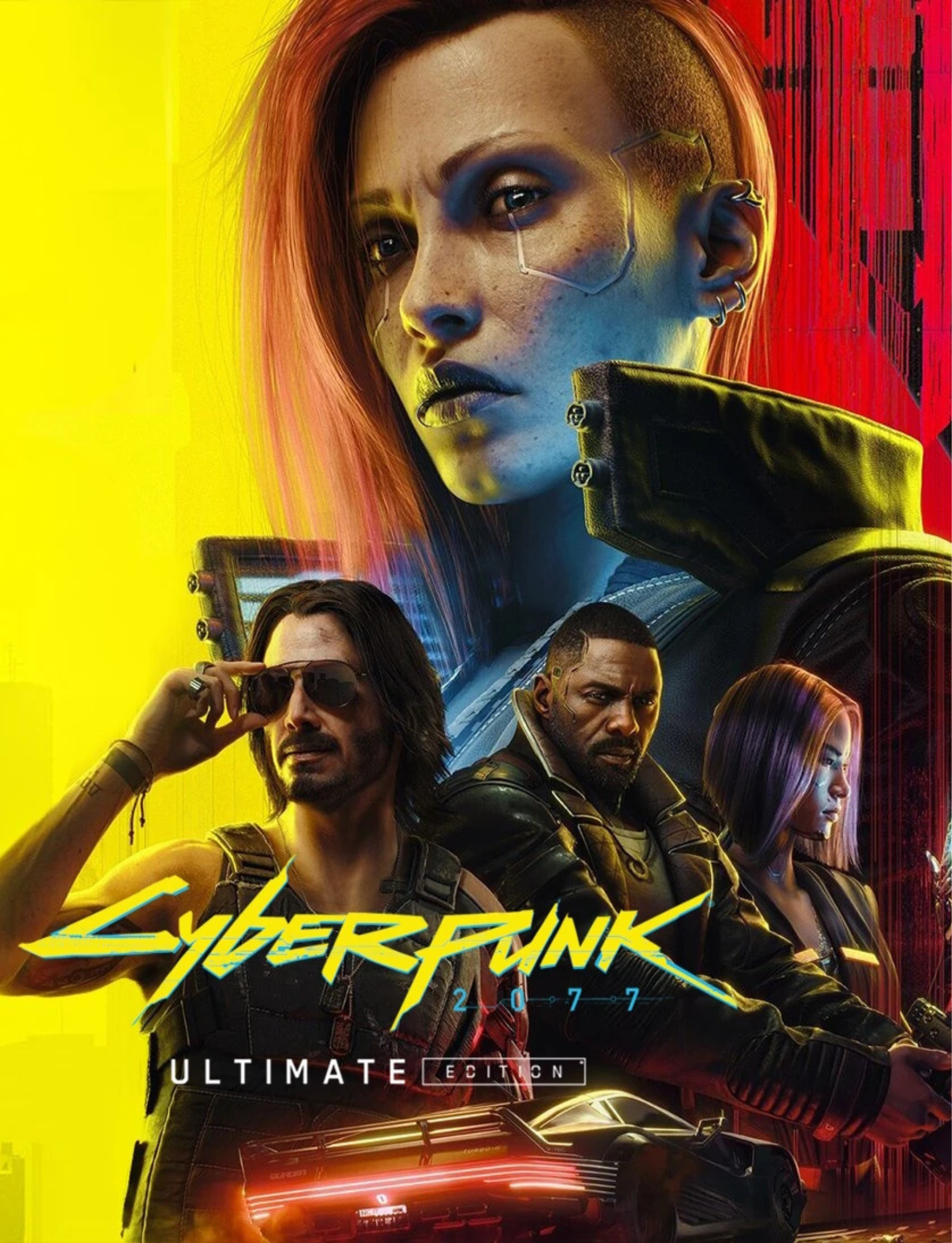 A poster for the video game Cyberpunk 2077: Ultimate Edition showcases four characters, including a woman with pink hair and a cybernetic face, a man with long dark hair and sunglasses, a muscular man with a beard, and a woman with short holographic hair, all in a neon-lit futuristic city with a sleek car in the foreground.