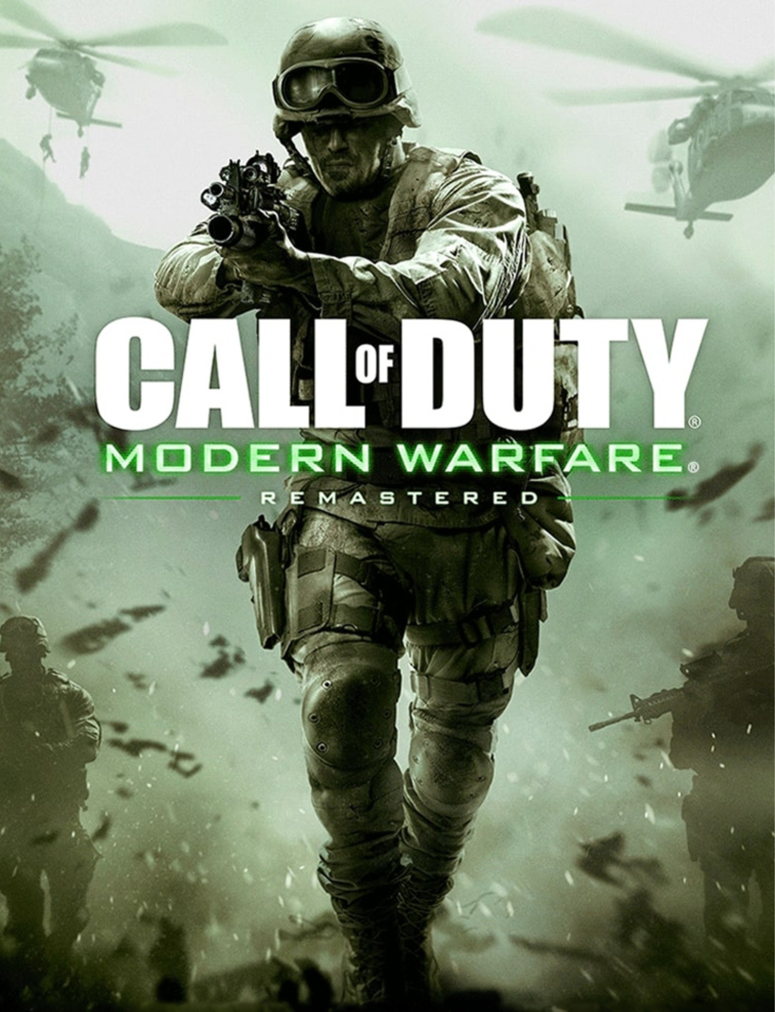 Cover art for the video game 'Call of Duty: Modern Warfare Remastered,' featuring a soldier in military gear running forward with helicopters in the sky and other soldiers in the background.