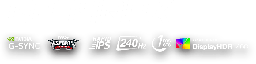 Close-up of a monitor's bottom bezel showing various tech and certification logos including NVIDIA G-SYNC, MSI Esports, Rapid IPS, 240Hz, 1ms GTG, and DisplayHDR 400.