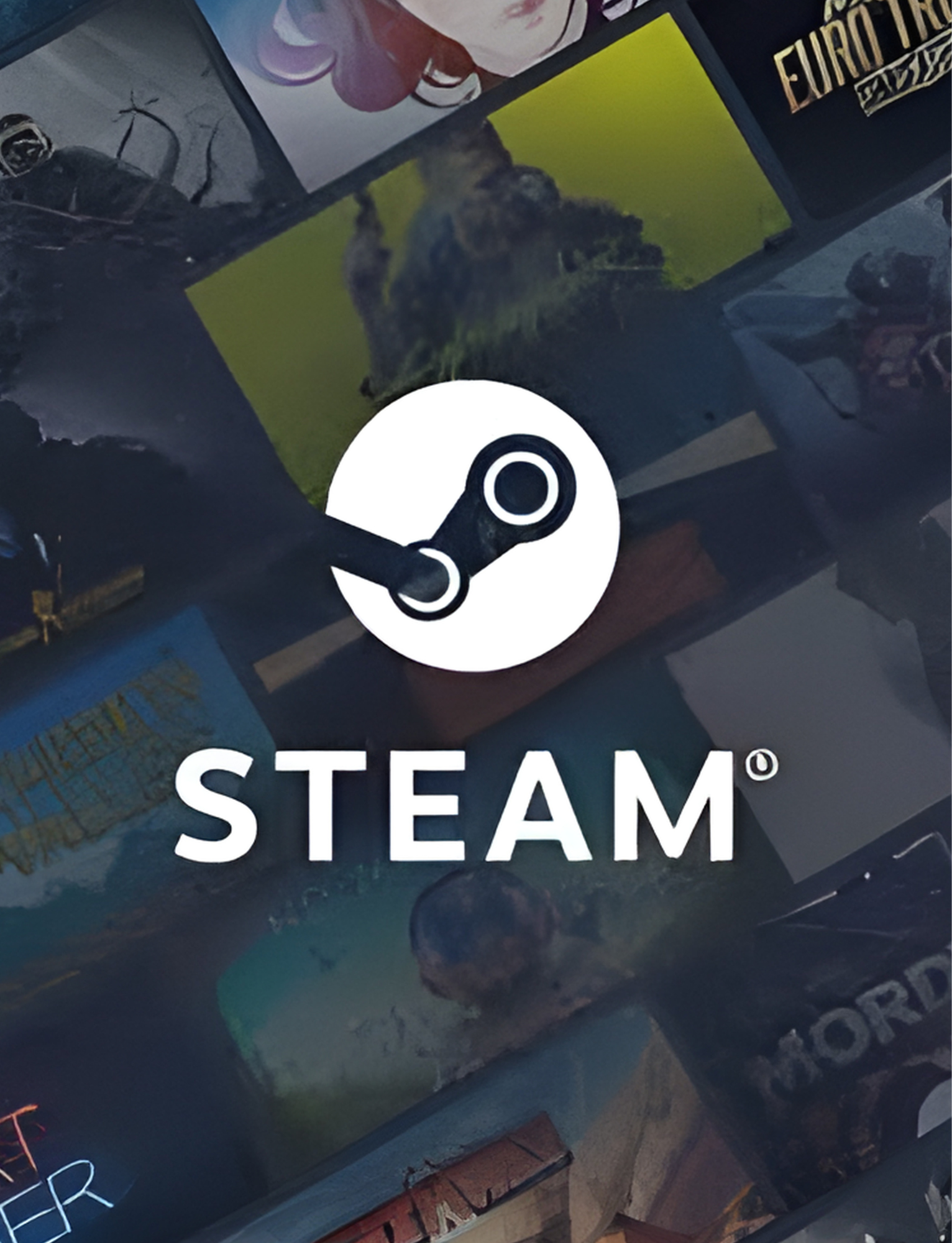 Steam logo over a cluttered background of various board games and posters.