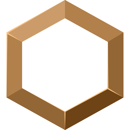 A three-dimensional hexagon-shaped frame with a gold or bronze appearance.