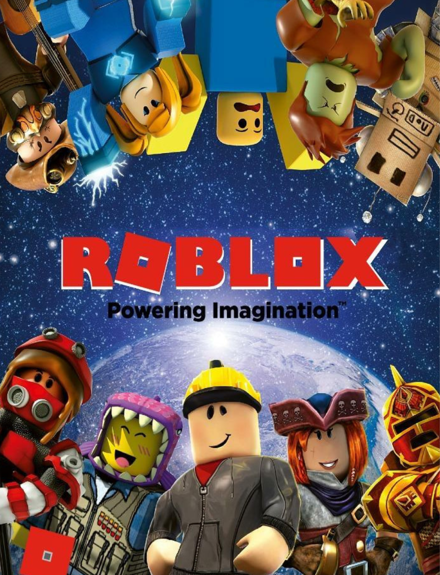 Cover of Roblox game featuring animated characters in space themed background with Earth visible, with the title 'Roblox Powering Imagination' in bold red and black text.