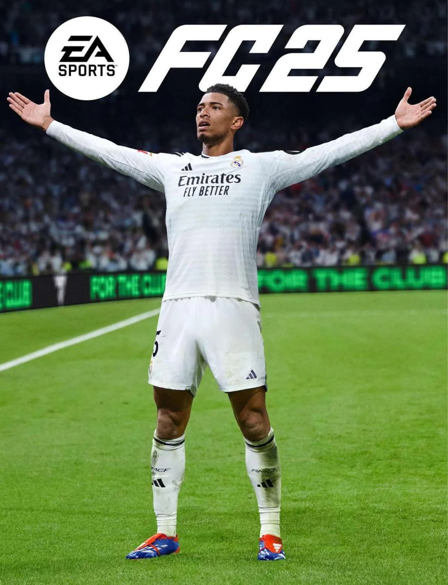 Soccer player in white uniform on the field with arms outstretched, EA Sports and FIFA 25 logos overlayed at the top.