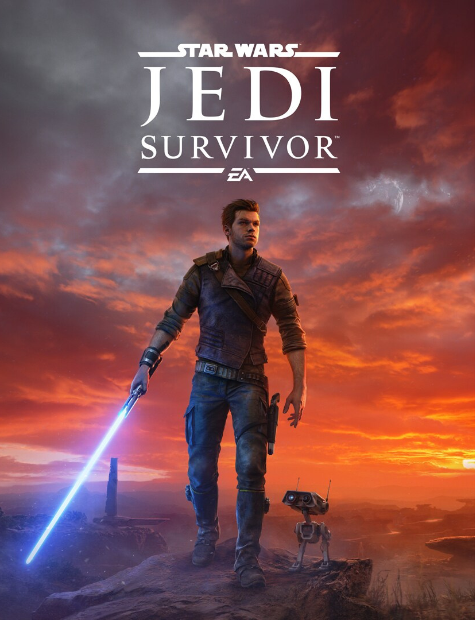 Cover art for the video game Star Wars Jedi Survivor, featuring a male character with a lightsaber and a small droid against a sunset sky.