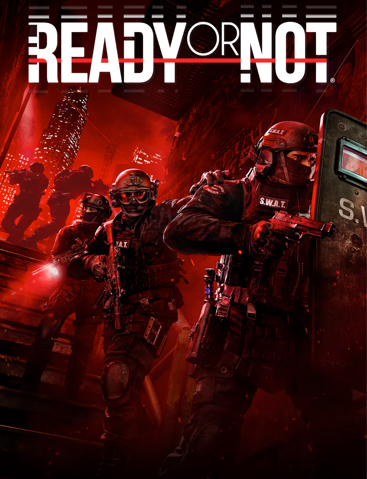 Cover art for the video game 'Ready or Not', depicting heavily armed SWAT team members in tactical gear storming a city in a red-lit scene.