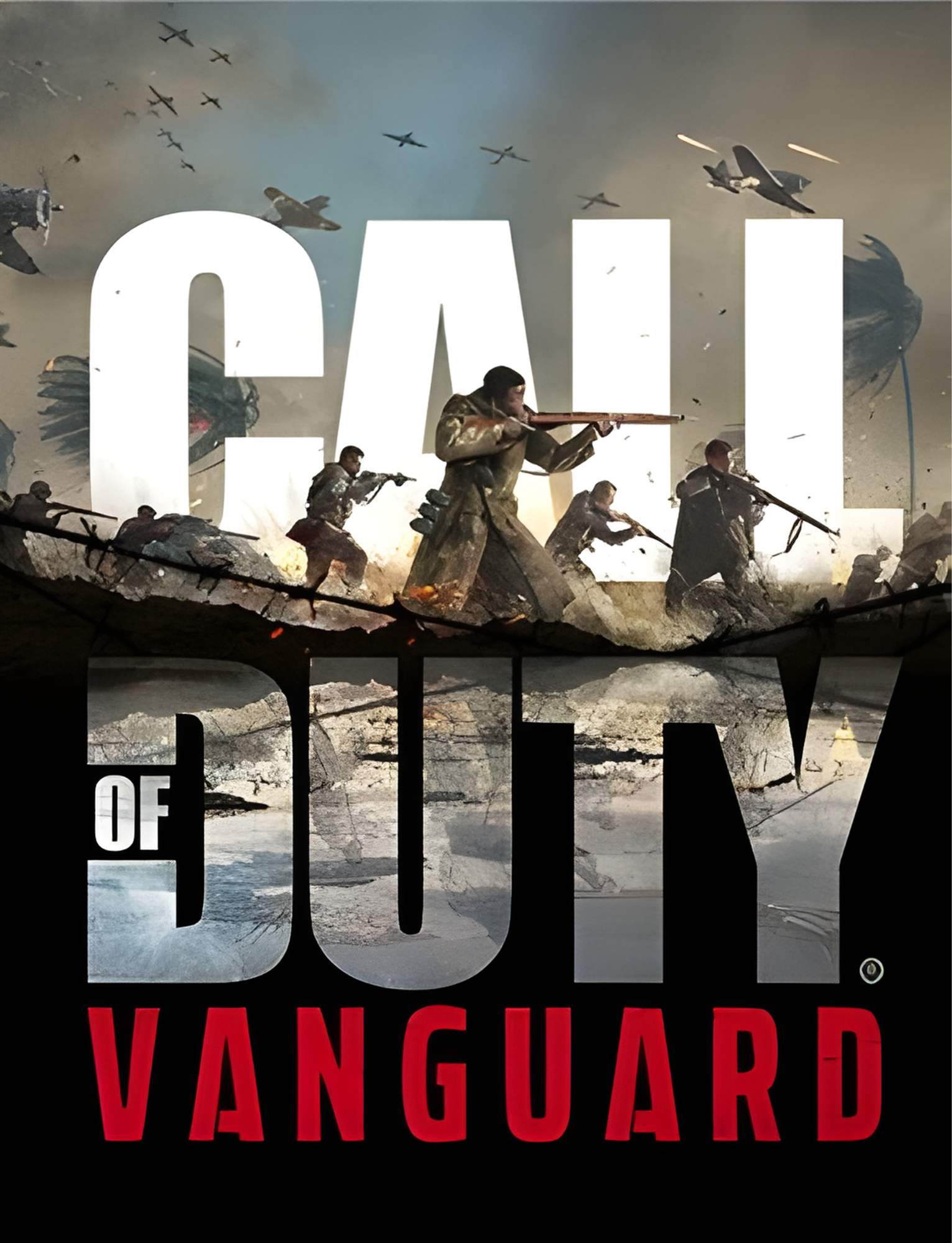 Cover art for 'Call of Duty: Vanguard' featuring soldiers fighting amidst explosions and aircraft flying overhead.