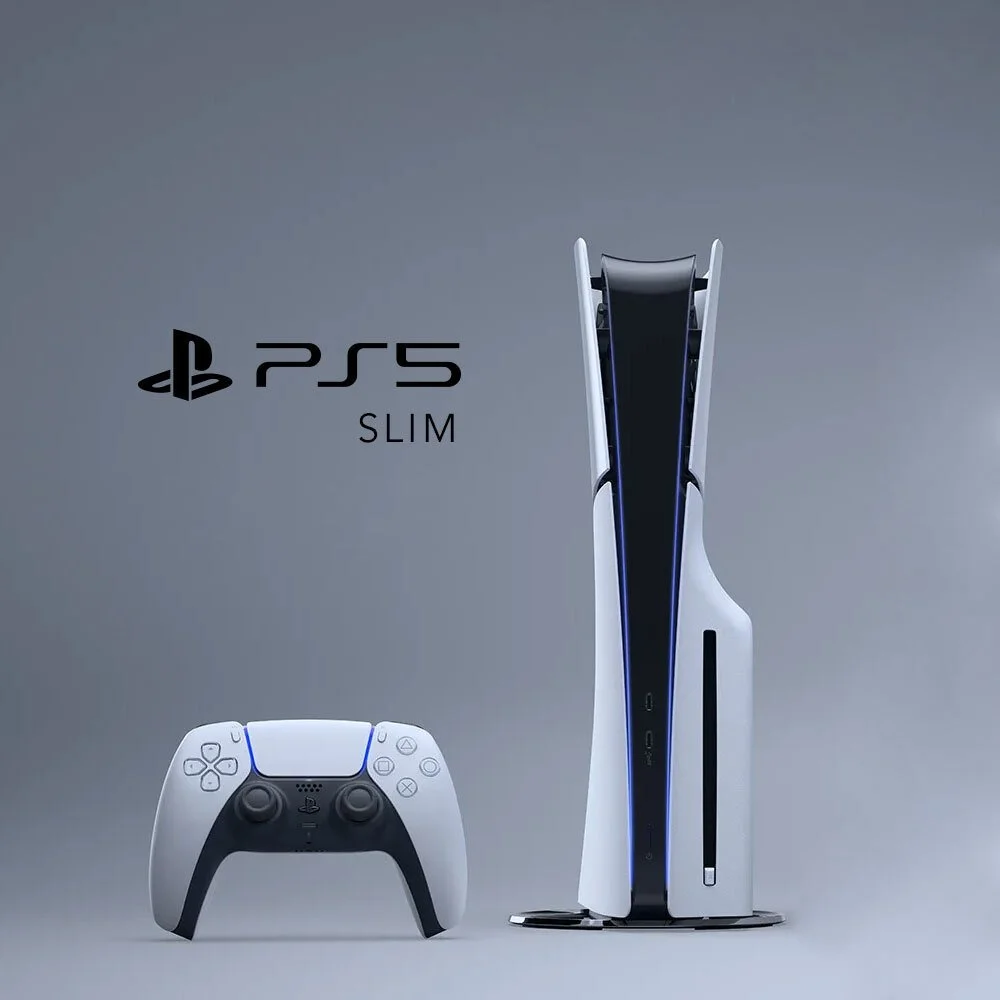 A PlayStation 5 Slim console with a matching dual controller, set against a gray background.