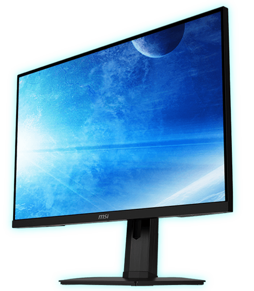 A computer monitor with a bright display showing a space scene, mounted on an adjustable stand, with a black frame and a glowing turquoise border.