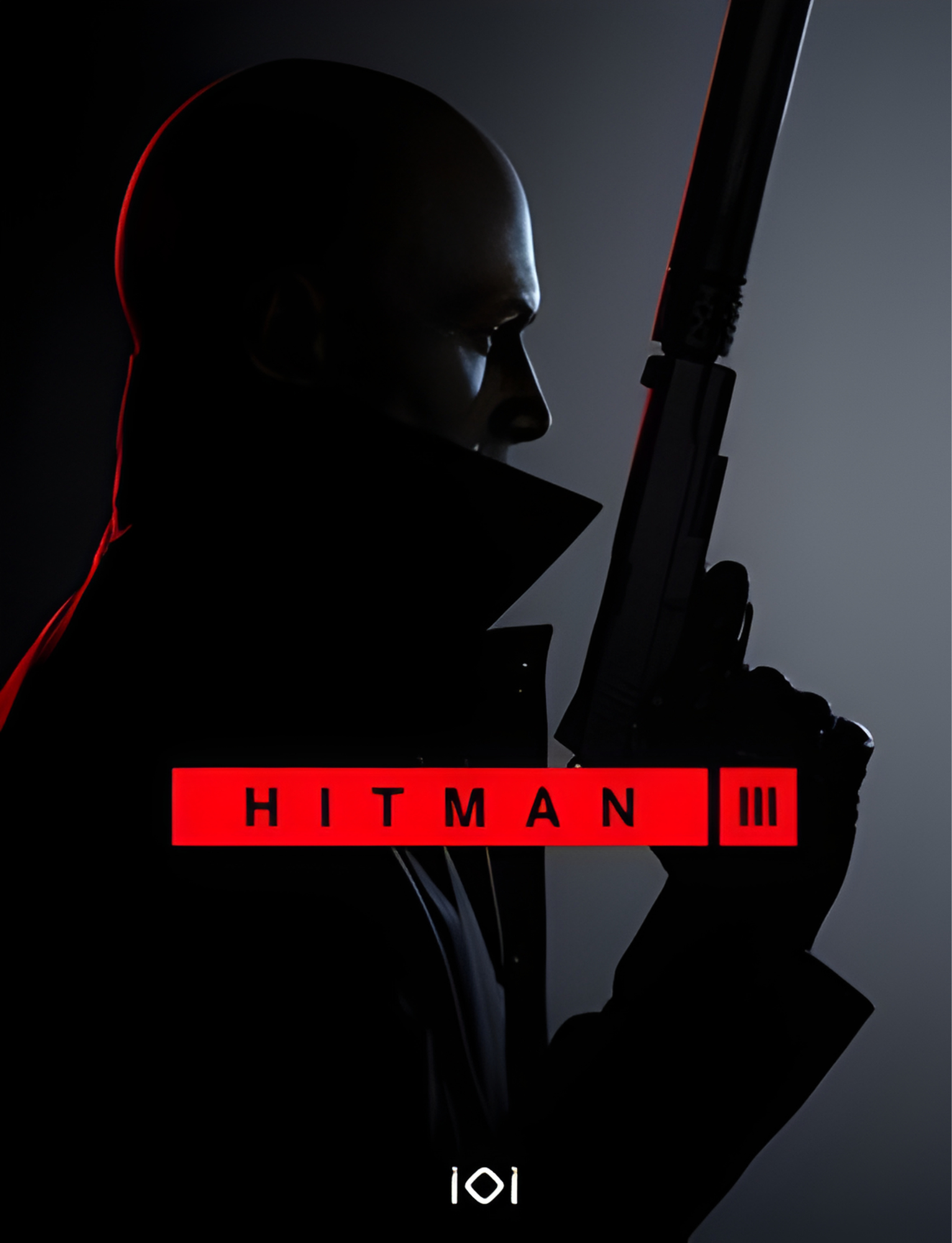 Silhouette of a bald man in a dark jacket holding a large gun, with the logo 'HITMAN III' in red text at the bottom of the image.