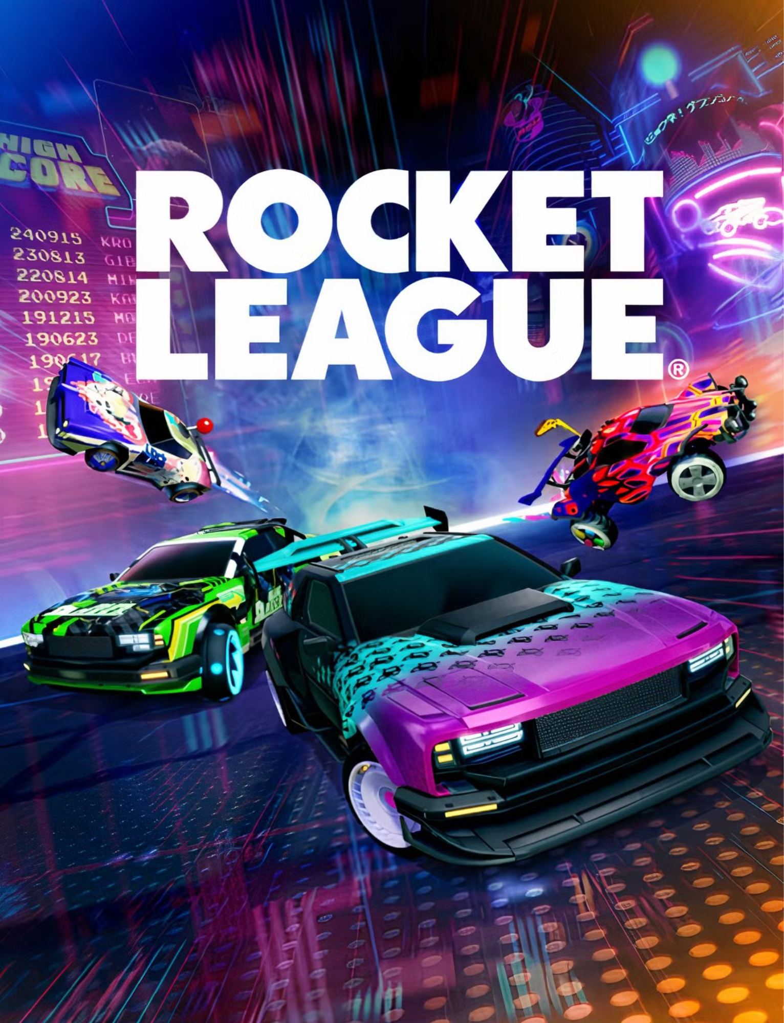 Neon-themed promotional artwork for Rocket League featuring colorful cars, digital effects, and game-related logos.