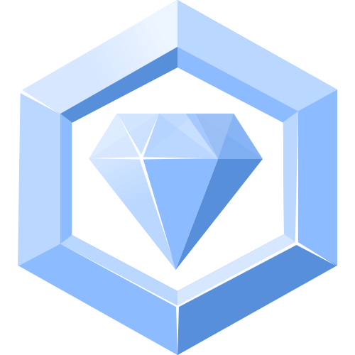 A blue geometric diamond inside a 3D blue hexagon frame.