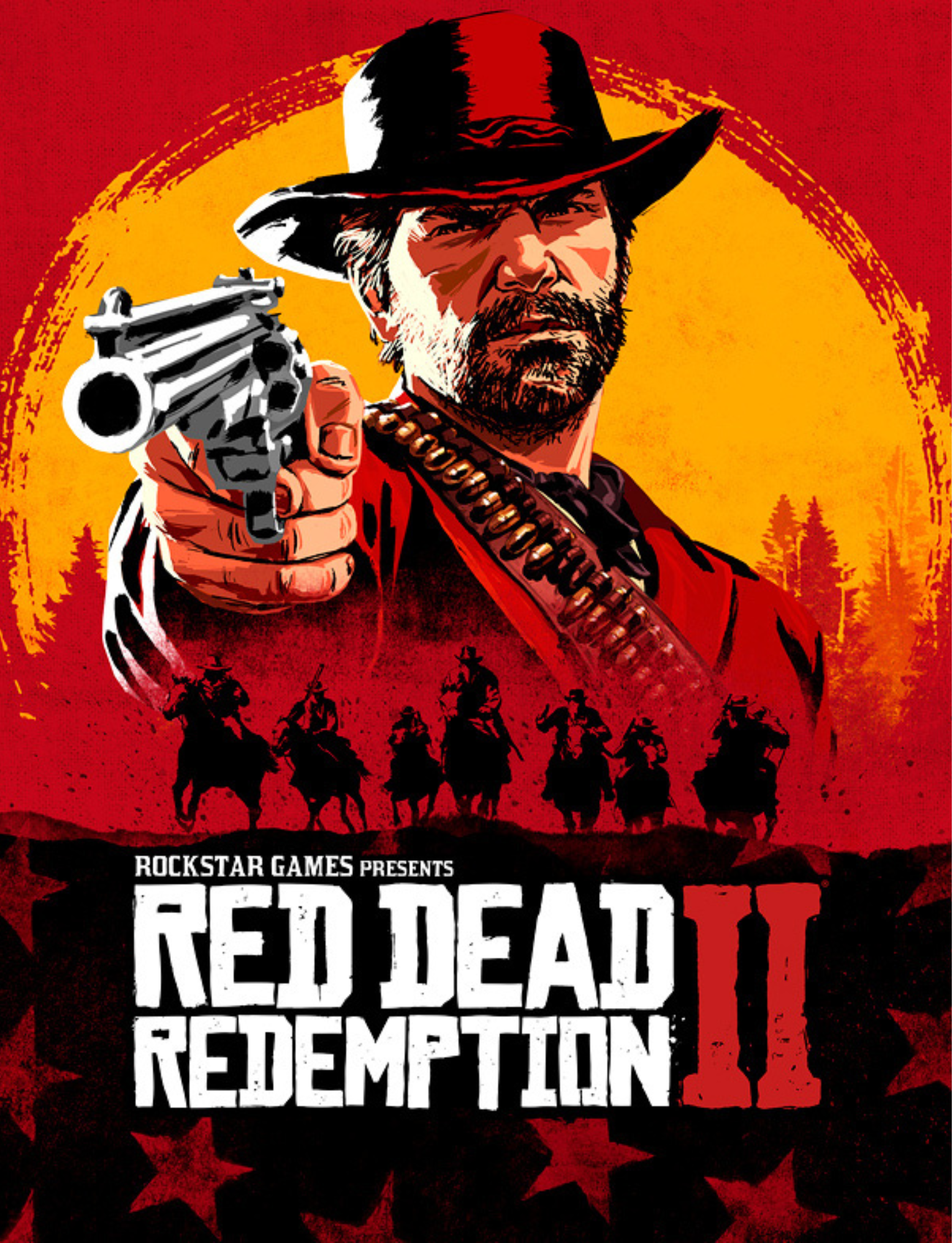 Video game cover for Red Dead Redemption II featuring a man with a beard, wearing a cowboy hat and holding a handgun, with other cowboys on horseback in the background set against a red and yellow sunset with tree silhouettes.