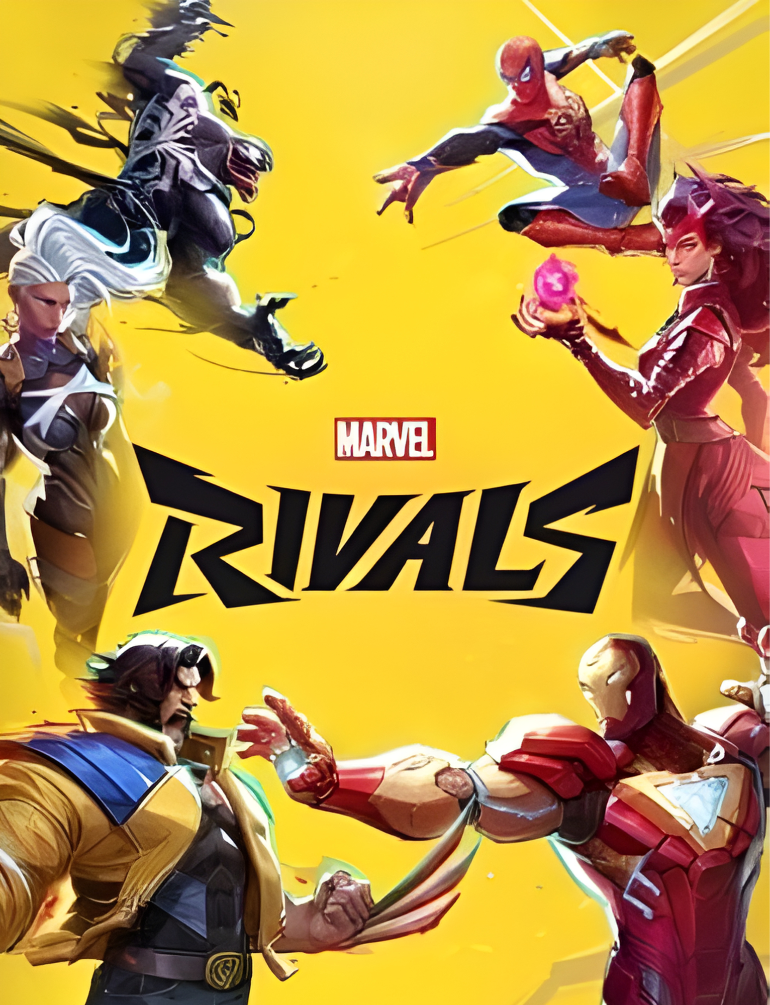 Artwork featuring Marvel heroes, including Spider-Man, Iron Man, and Wolverine, animated in a comic book style with a yellow background and the words 'Marvel Rivals' in the center.