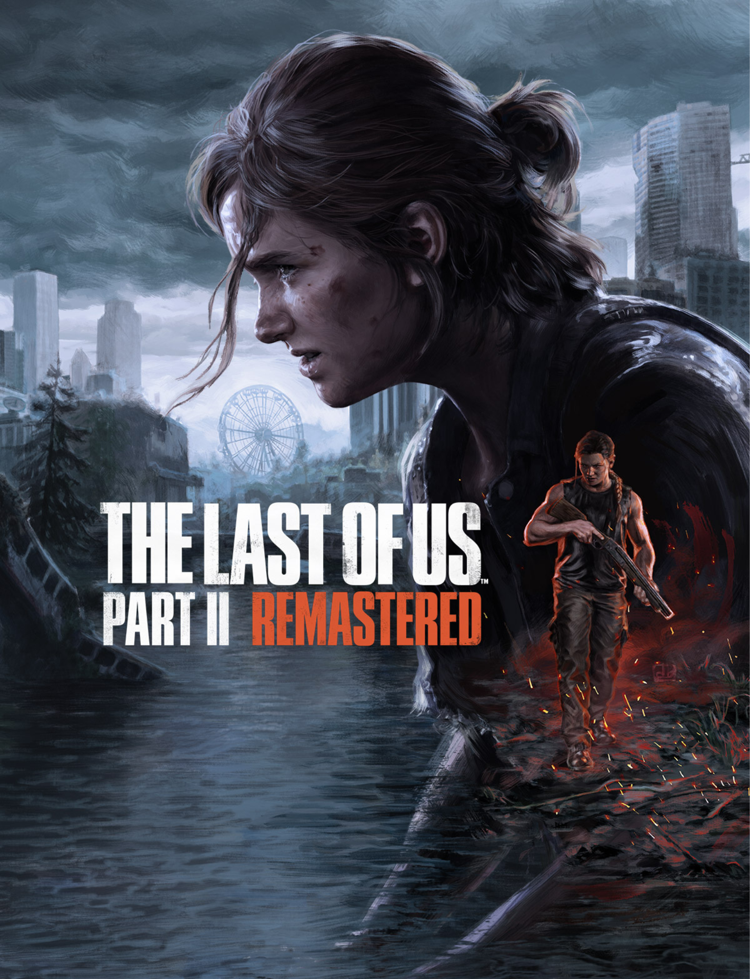 Cover art for the video game 'The Last of Us Part II Remastered,' featuring a woman with brown hair looking downward, with a cityscape and Ferris wheel in the background, and a person holding a gun walking through a fiery, damaged area.