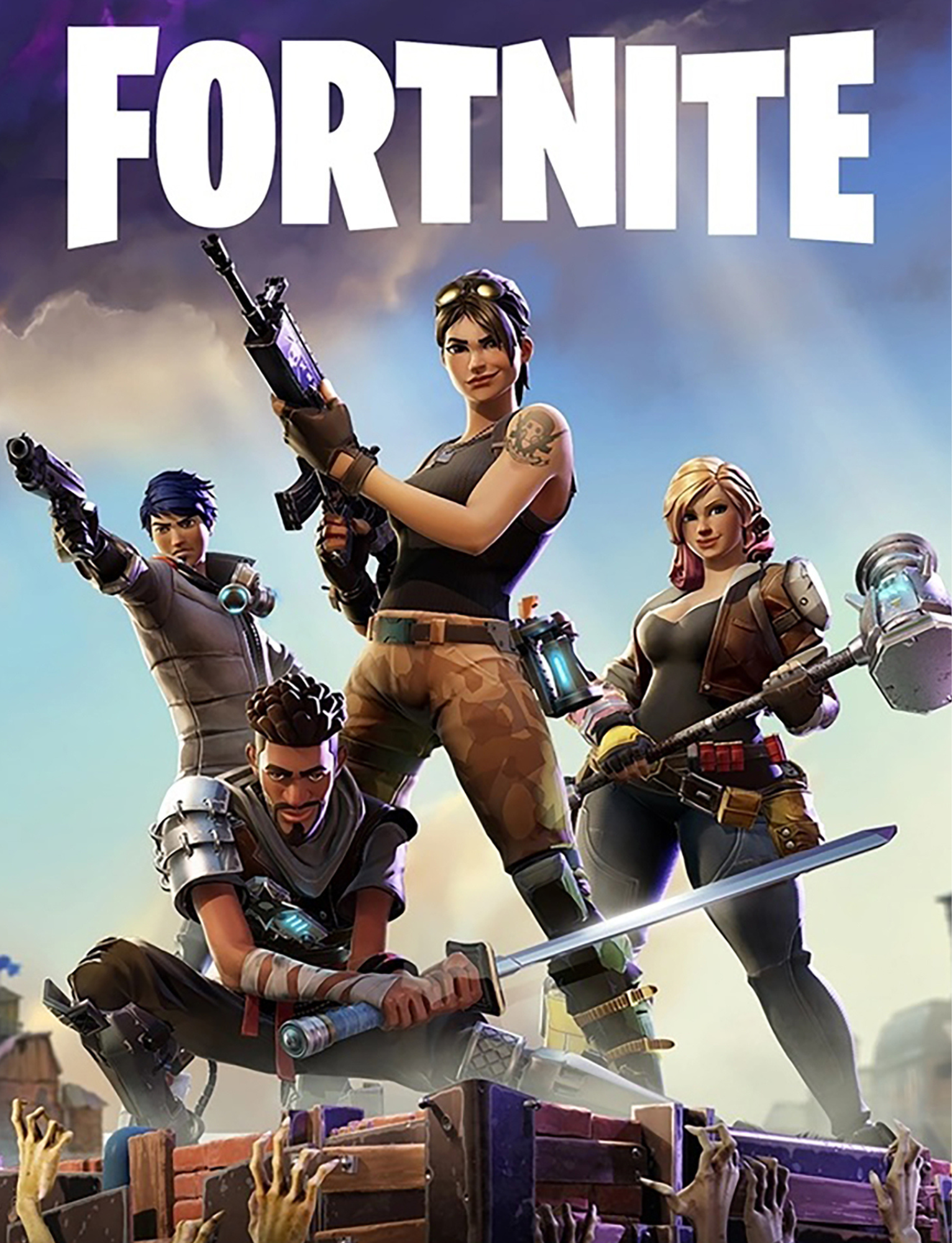 Fortnite video game cover featuring four characters with weapons fighting zombies.