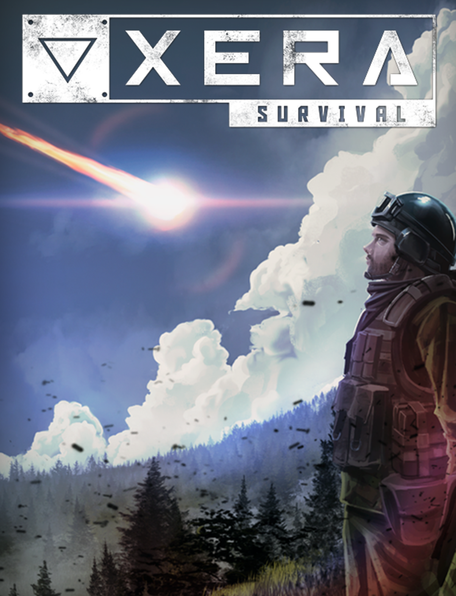 Video game cover art for 'XERA Survival' showing a soldier in tactical gear looking at a bright meteor streaking across the sky with forested mountains below.