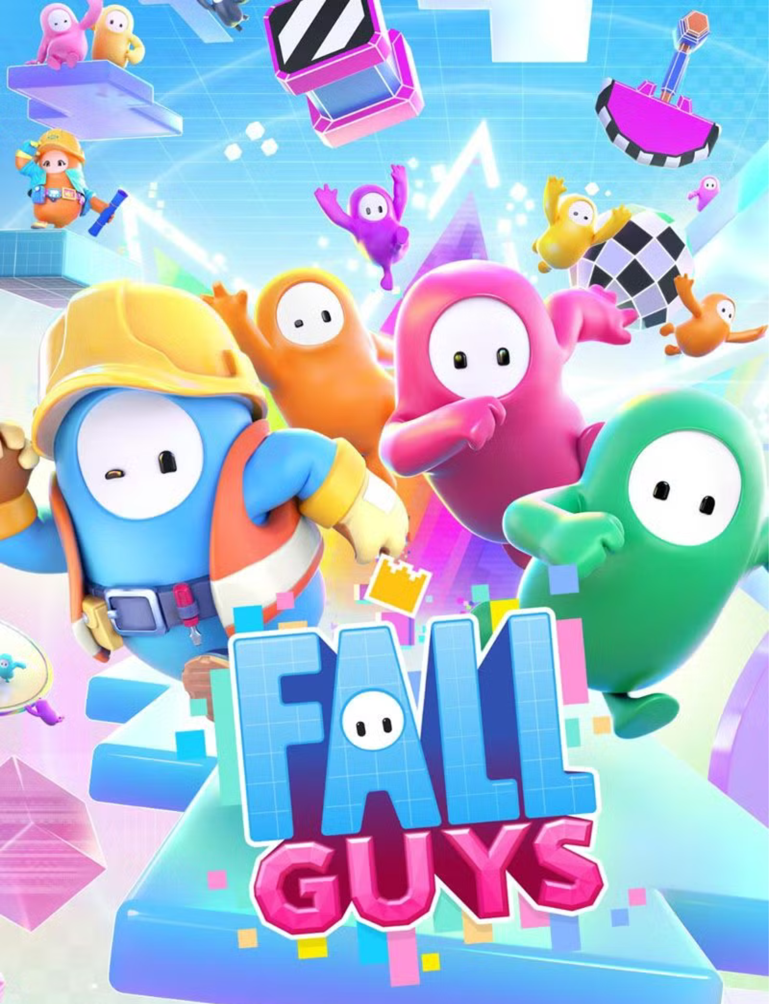 Colorful characters from the game Fall Guys, including a blue, pink, orange, yellow, and green bean characters, in a vibrant digital environment with geometric shapes and the game's logo.