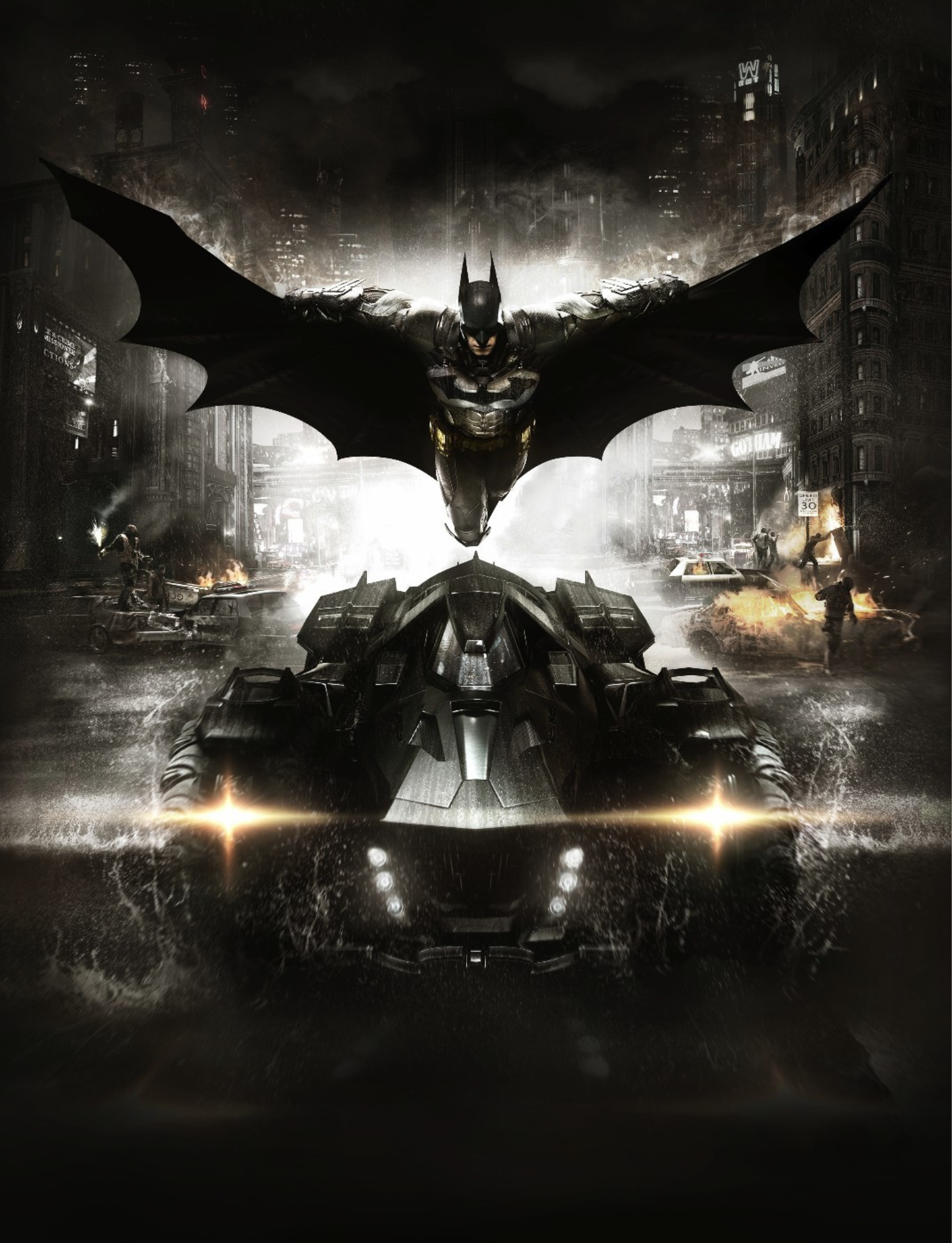 Batman flying above a Batmobile in a city at night, with explosions and smoke.