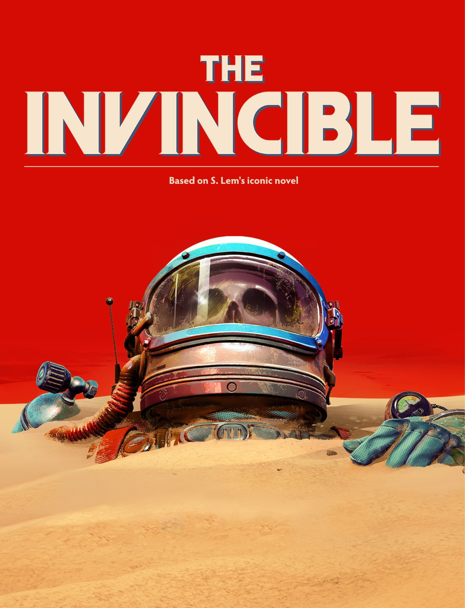 Movie poster for 'The Invincible' showing a space helmet with a skull inside, half-buried in the sand, with astronaut gloves and equipment around it, set against a red sky.