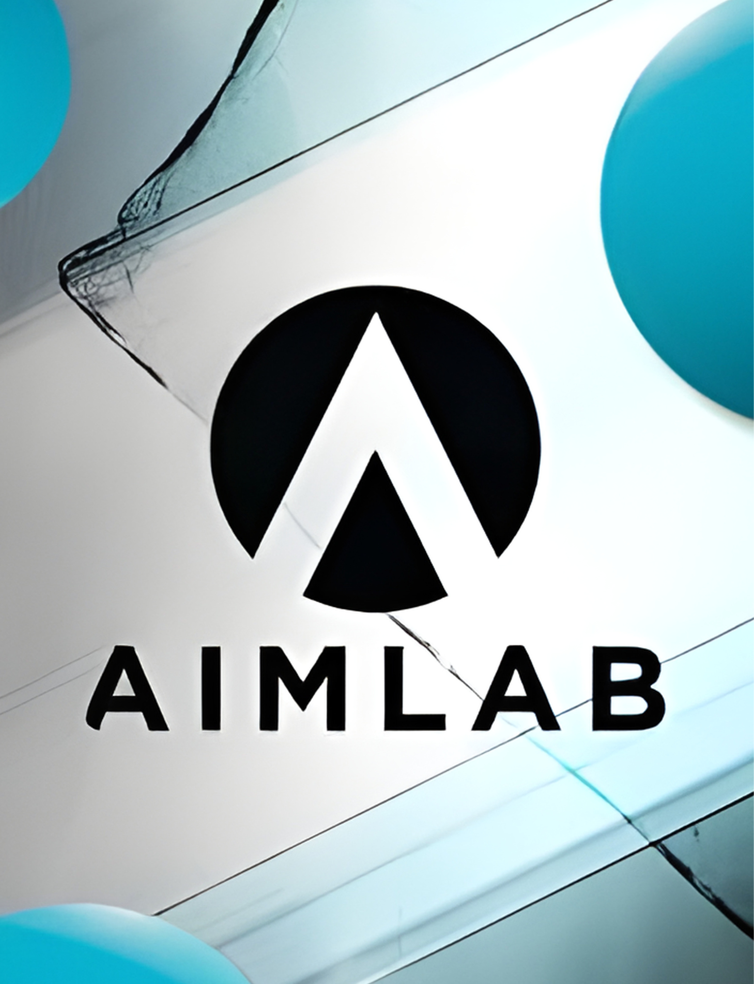 A logo with a black circle and white upward arrow inside, below the actress the word AIMLAB in black capital letters, few blue balloons are visible in the background.