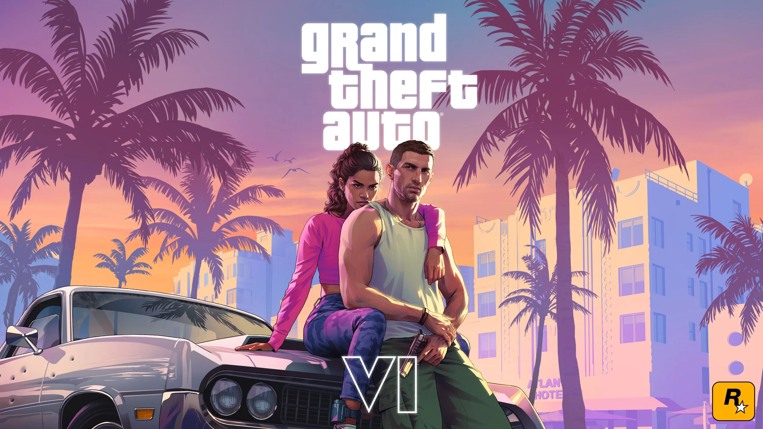 A promotional image for Grand Theft Auto VI showing a man and a woman on a white car with palm trees and buildings in the background during a sunset. The title 'grand theft auto' is at the top and a 'VI' logo at the bottom center.