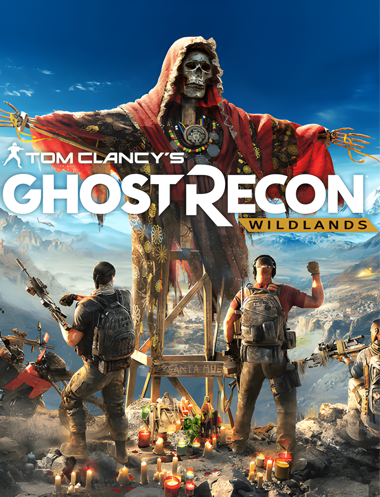 Cover art for Tom Clancy's Ghost Recon Wildlands video game, depicting a skull figure with outstretched arms wearing a red hooded cloak, surrounded by soldiers, motorcycles, and candles in a rugged landscape.