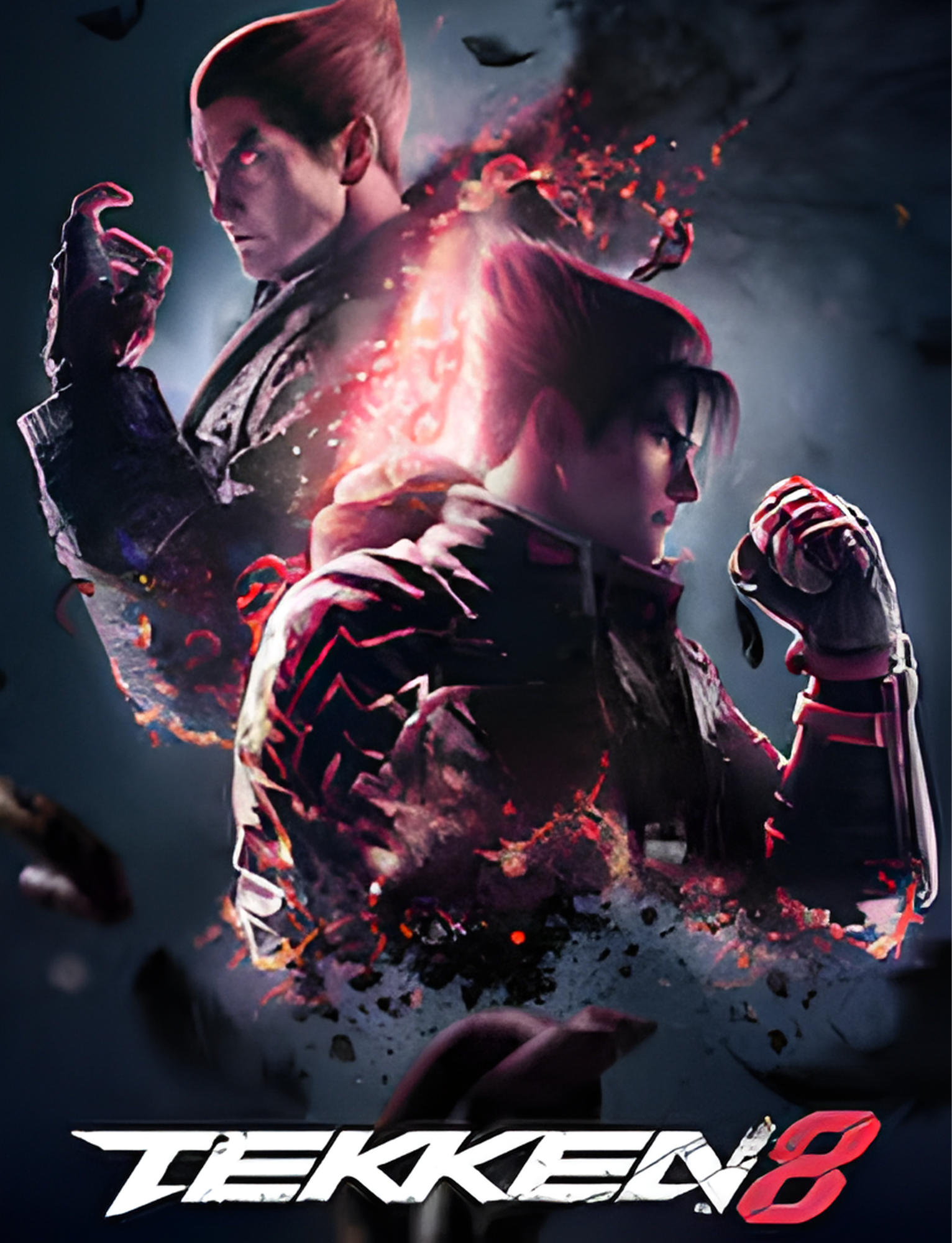Poster for the video game Tekken 8 featuring two characters in fighting poses with a dark background and vibrant accents.