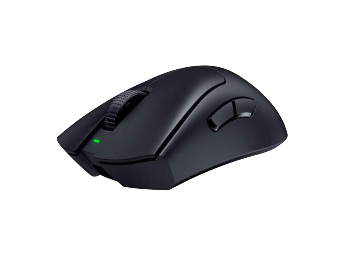 A black wireless computer mouse with a scroll wheel and side buttons, placed on a black background.